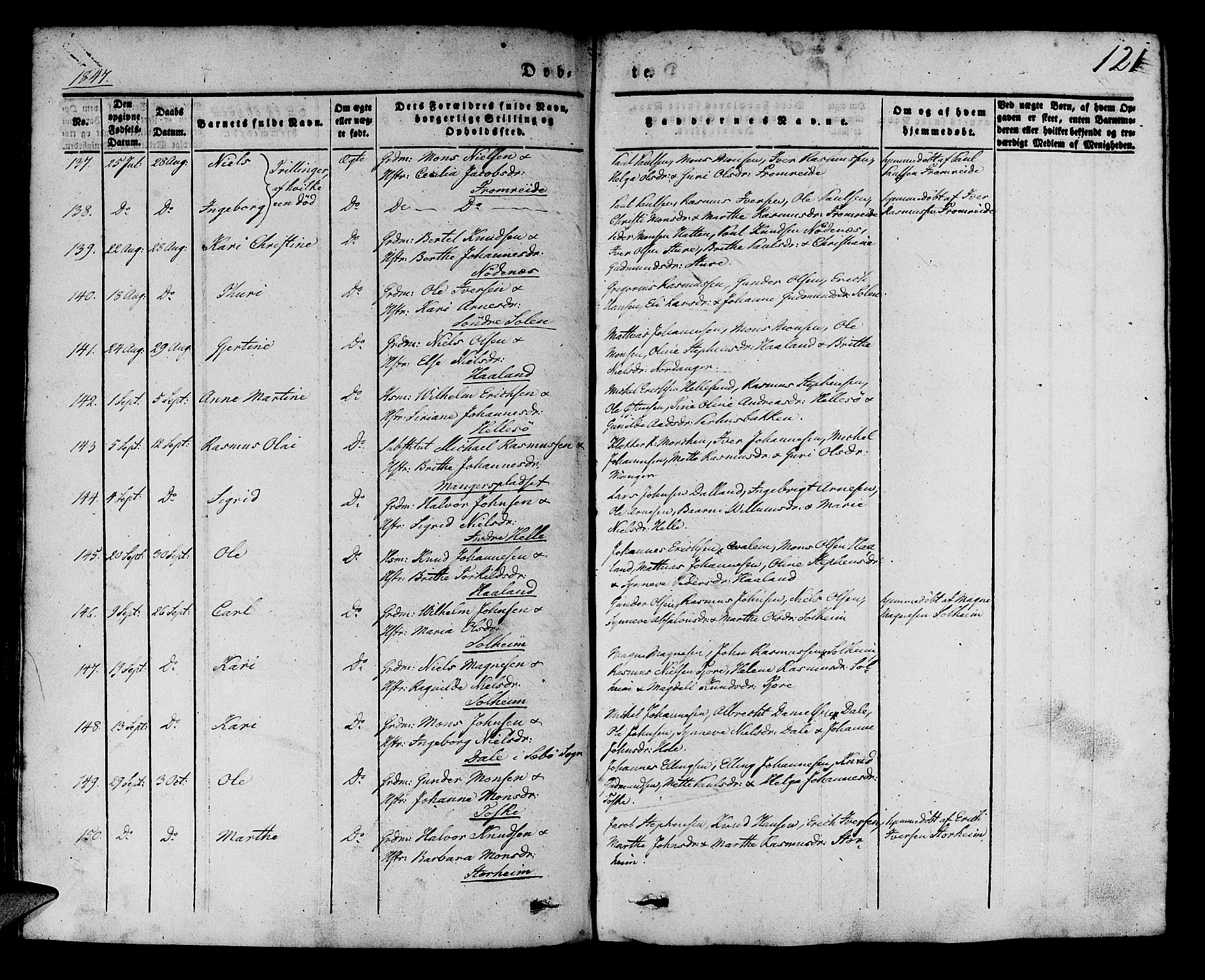 Manger sokneprestembete, AV/SAB-A-76801/H/Haa: Parish register (official) no. A 5, 1839-1848, p. 121