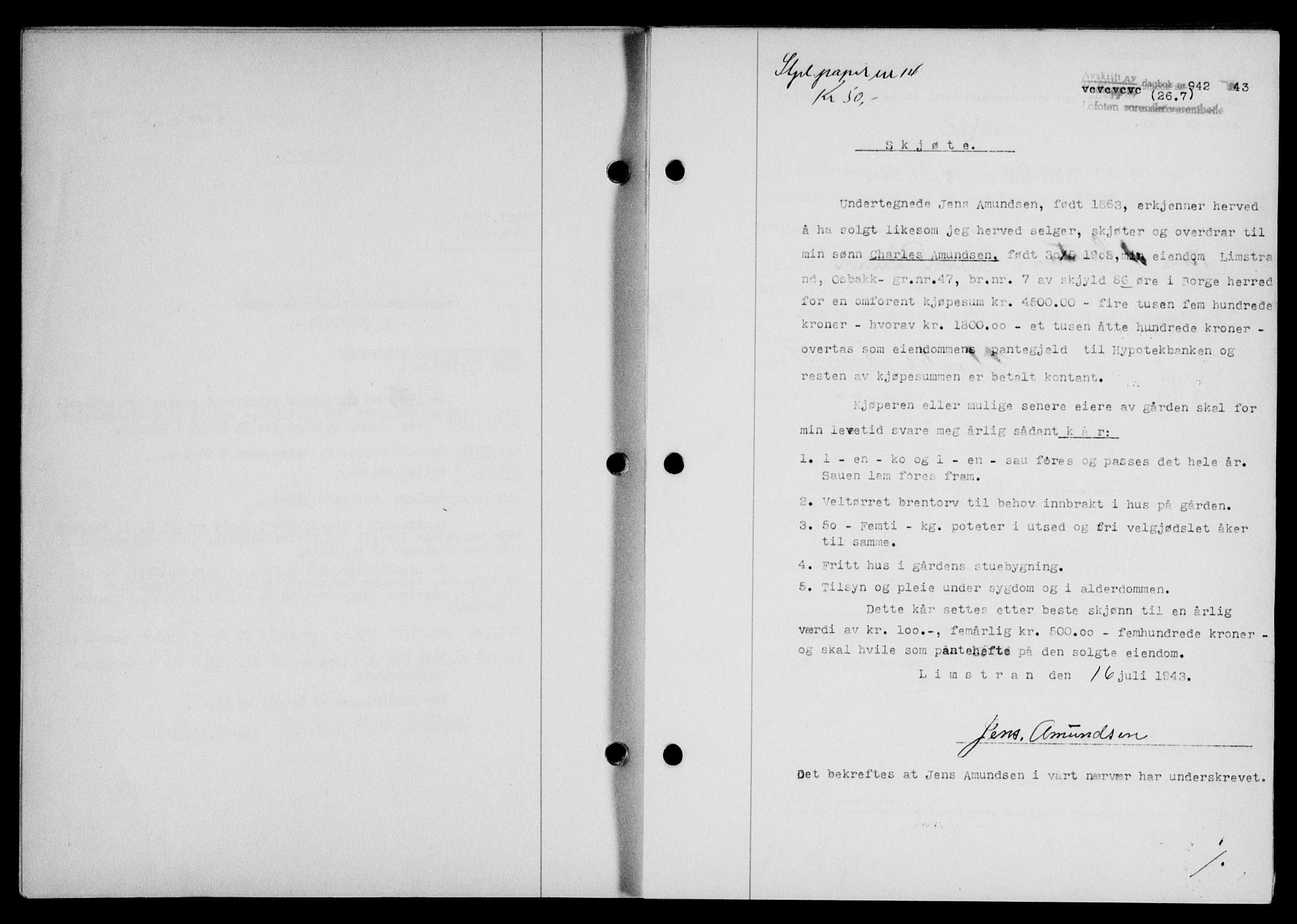 Lofoten sorenskriveri, SAT/A-0017/1/2/2C/L0011a: Mortgage book no. 11a, 1943-1943, Diary no: : 942/1943