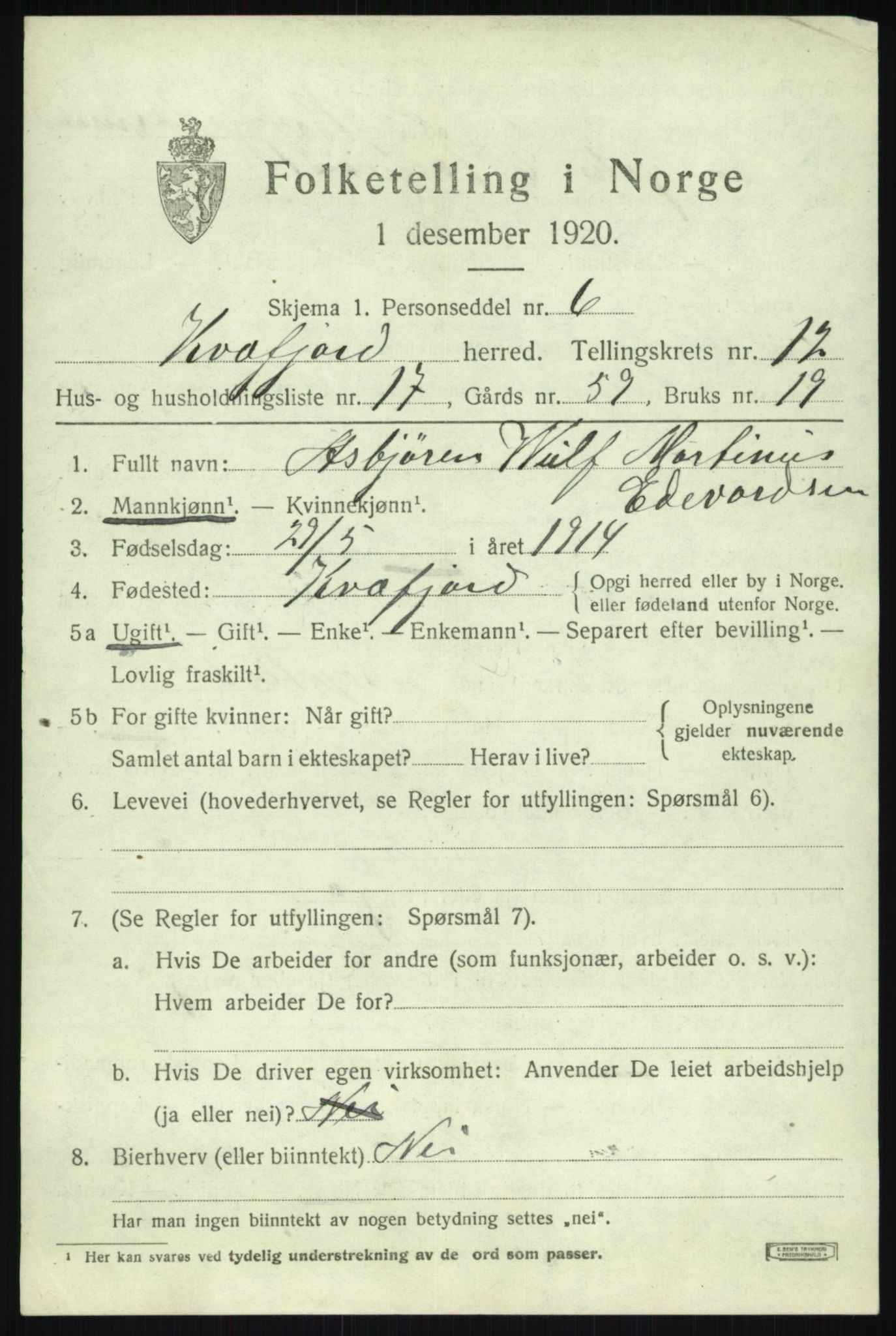 SATØ, 1920 census for Kvæfjord, 1920, p. 5897
