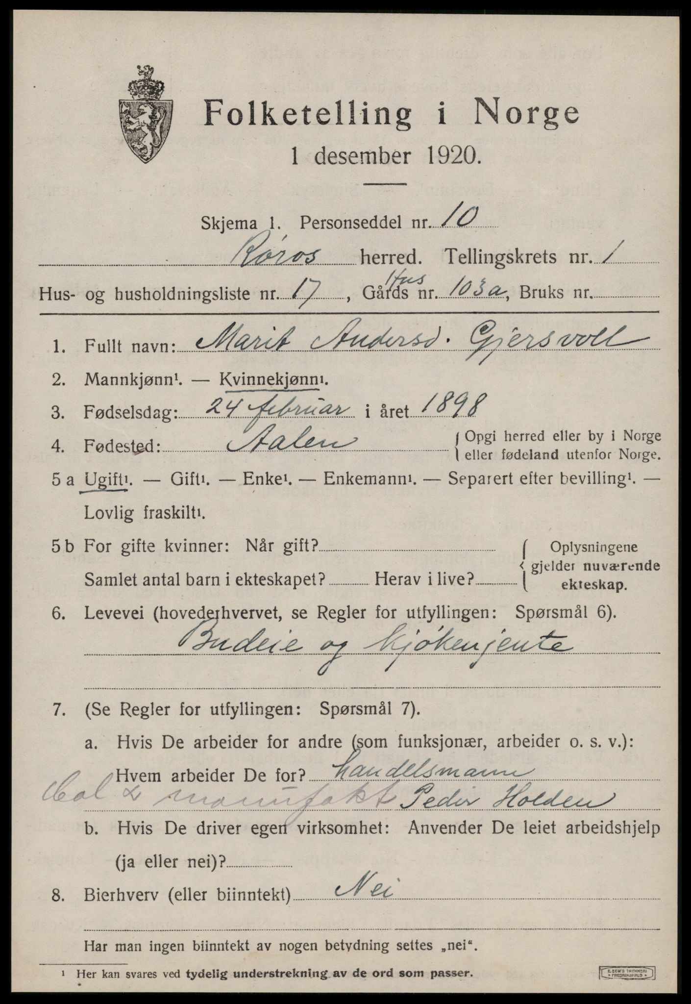SAT, 1920 census for Røros, 1920, p. 2102