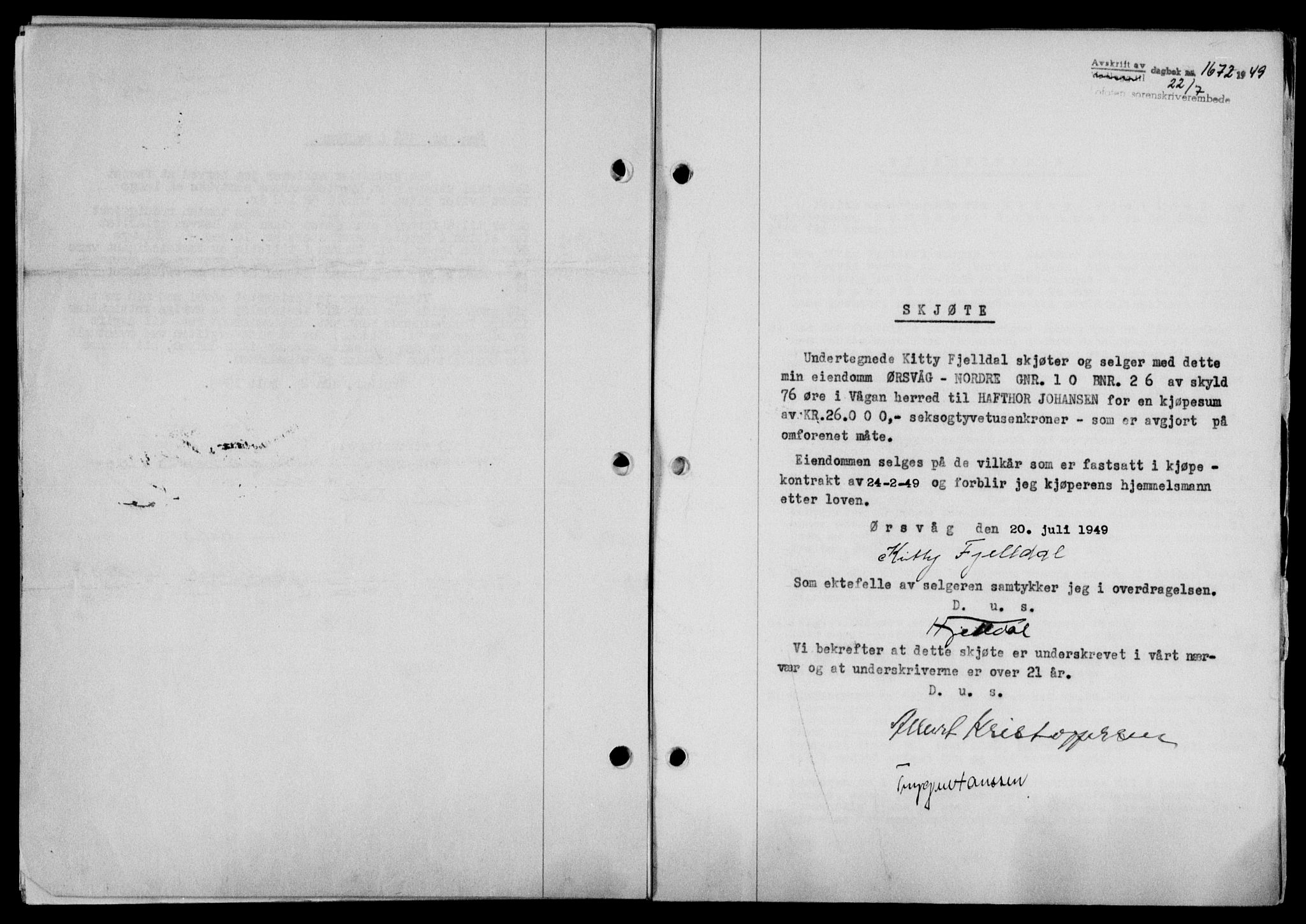 Lofoten sorenskriveri, SAT/A-0017/1/2/2C/L0021a: Mortgage book no. 21a, 1949-1949, Diary no: : 1672/1949