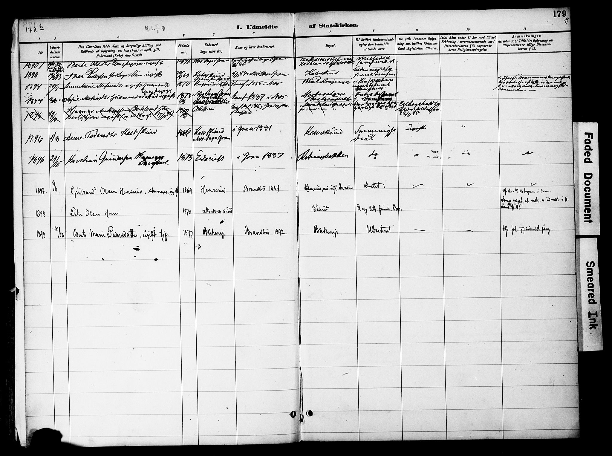 Gran prestekontor, AV/SAH-PREST-112/H/Ha/Haa/L0020: Parish register (official) no. 20, 1889-1899, p. 179