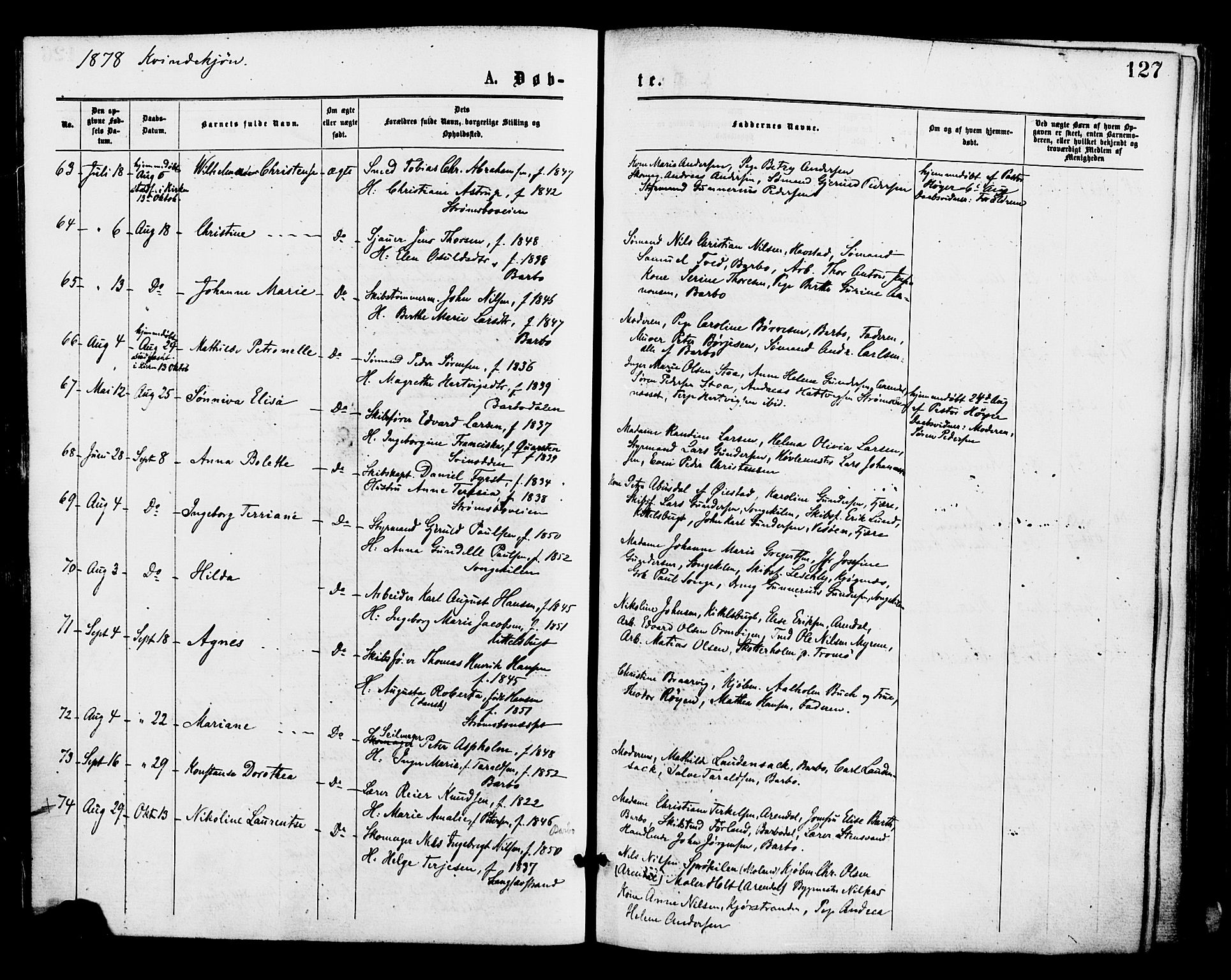 Barbu sokneprestkontor, AV/SAK-1111-0003/F/Fa/L0001: Parish register (official) no. A 1 /1, 1878-1883, p. 127