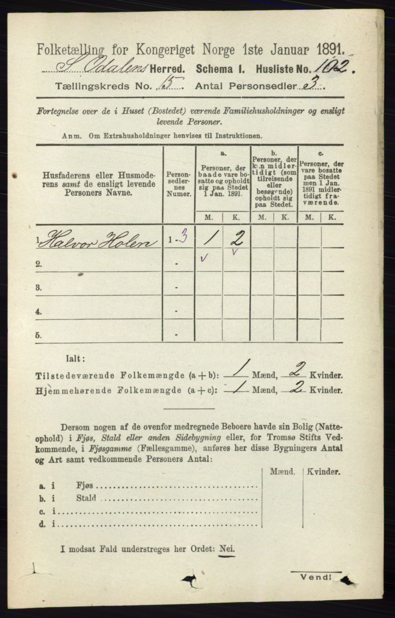 RA, 1891 census for 0419 Sør-Odal, 1891, p. 6569