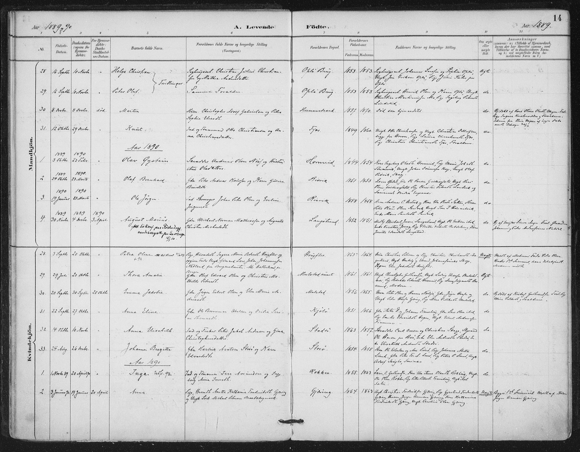 Ministerialprotokoller, klokkerbøker og fødselsregistre - Nord-Trøndelag, SAT/A-1458/780/L0644: Parish register (official) no. 780A08, 1886-1903, p. 14