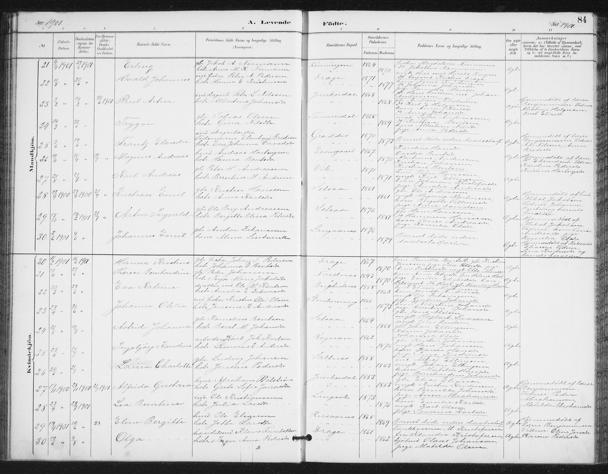 Ministerialprotokoller, klokkerbøker og fødselsregistre - Nordland, AV/SAT-A-1459/847/L0682: Parish register (copy) no. 847C10, 1889-1907, p. 84