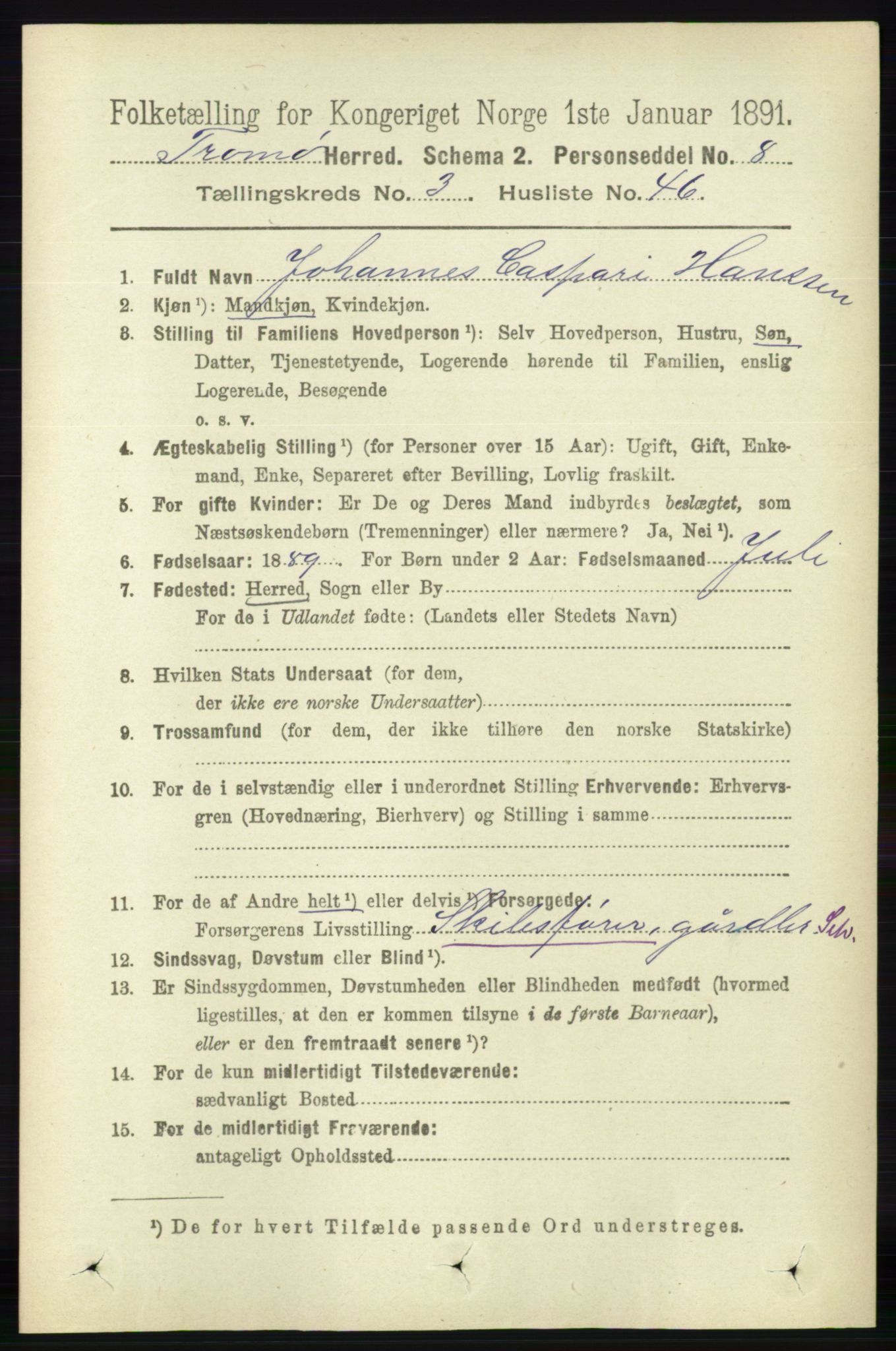 RA, 1891 census for 0921 Tromøy, 1891, p. 1233