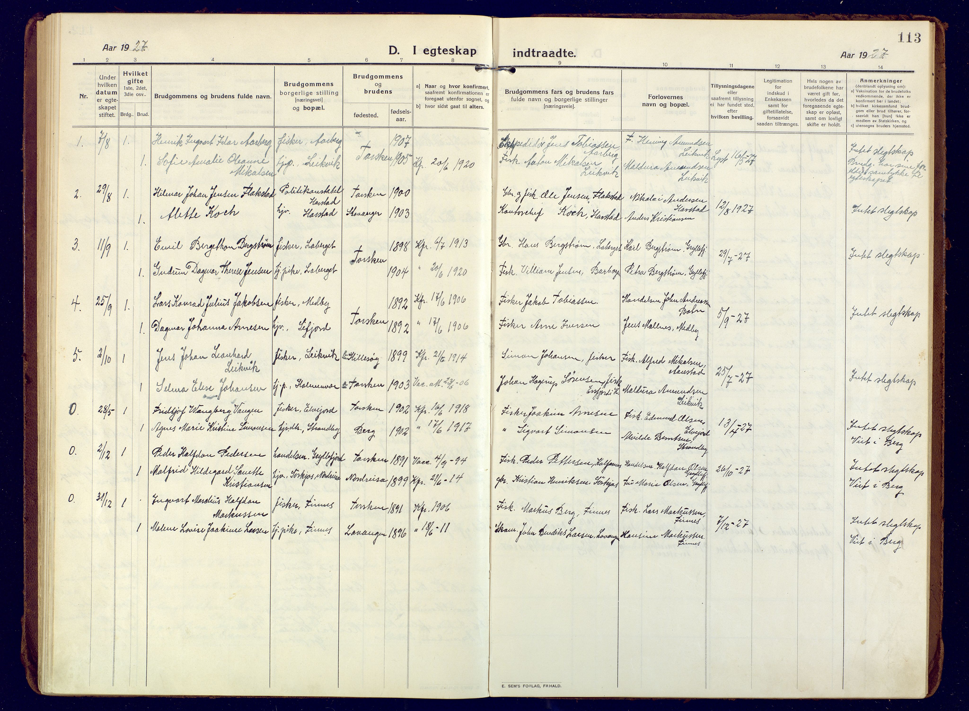 Berg sokneprestkontor, AV/SATØ-S-1318/G/Ga/Gaa/L0010kirke: Parish register (official) no. 10, 1916-1928, p. 113