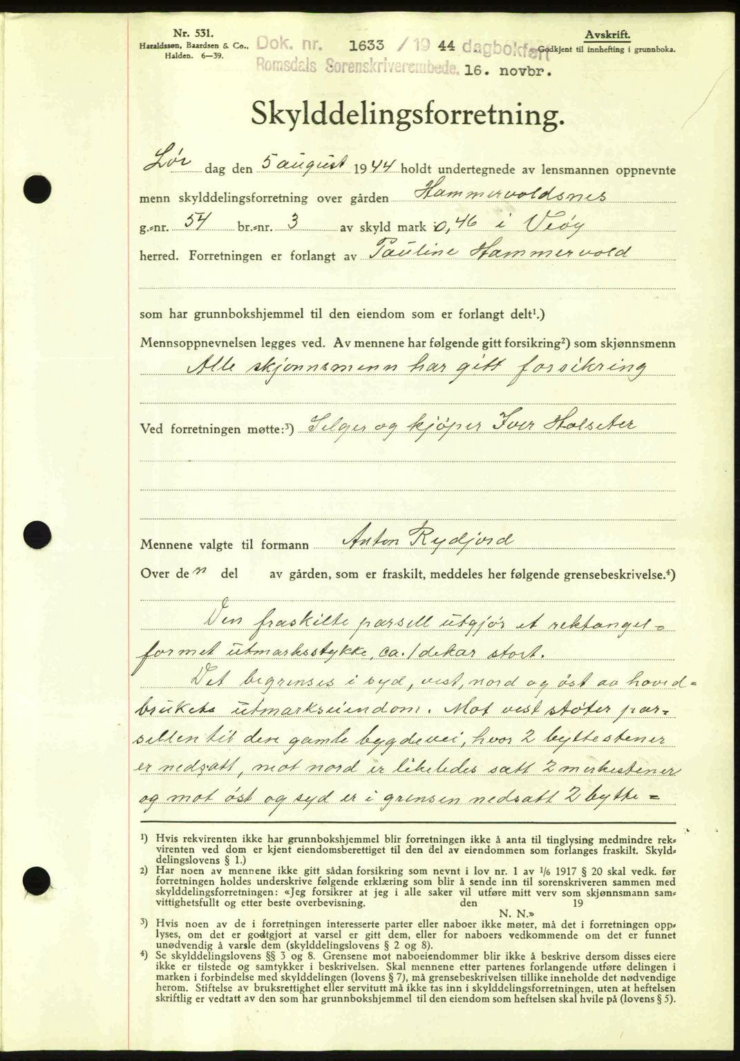 Romsdal sorenskriveri, AV/SAT-A-4149/1/2/2C: Mortgage book no. A17, 1944-1945, Diary no: : 1633/1944