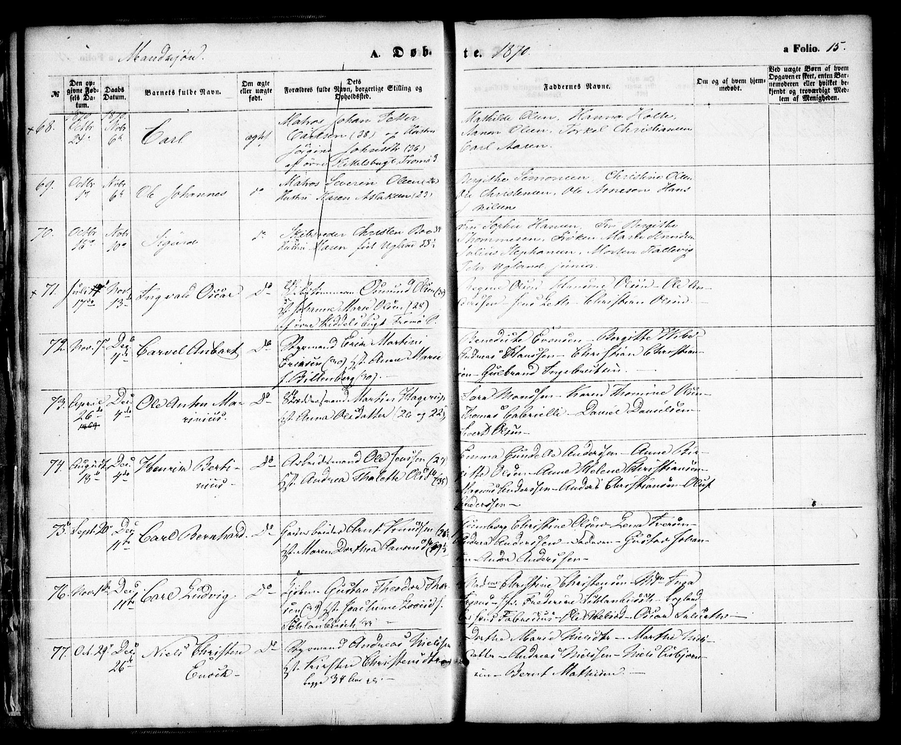 Arendal sokneprestkontor, Trefoldighet, SAK/1111-0040/F/Fa/L0007: Parish register (official) no. A 7, 1868-1878, p. 15