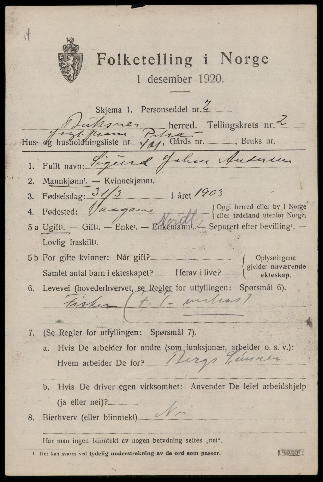 SAT, 1920 census for Buksnes, 1920, p. 3385