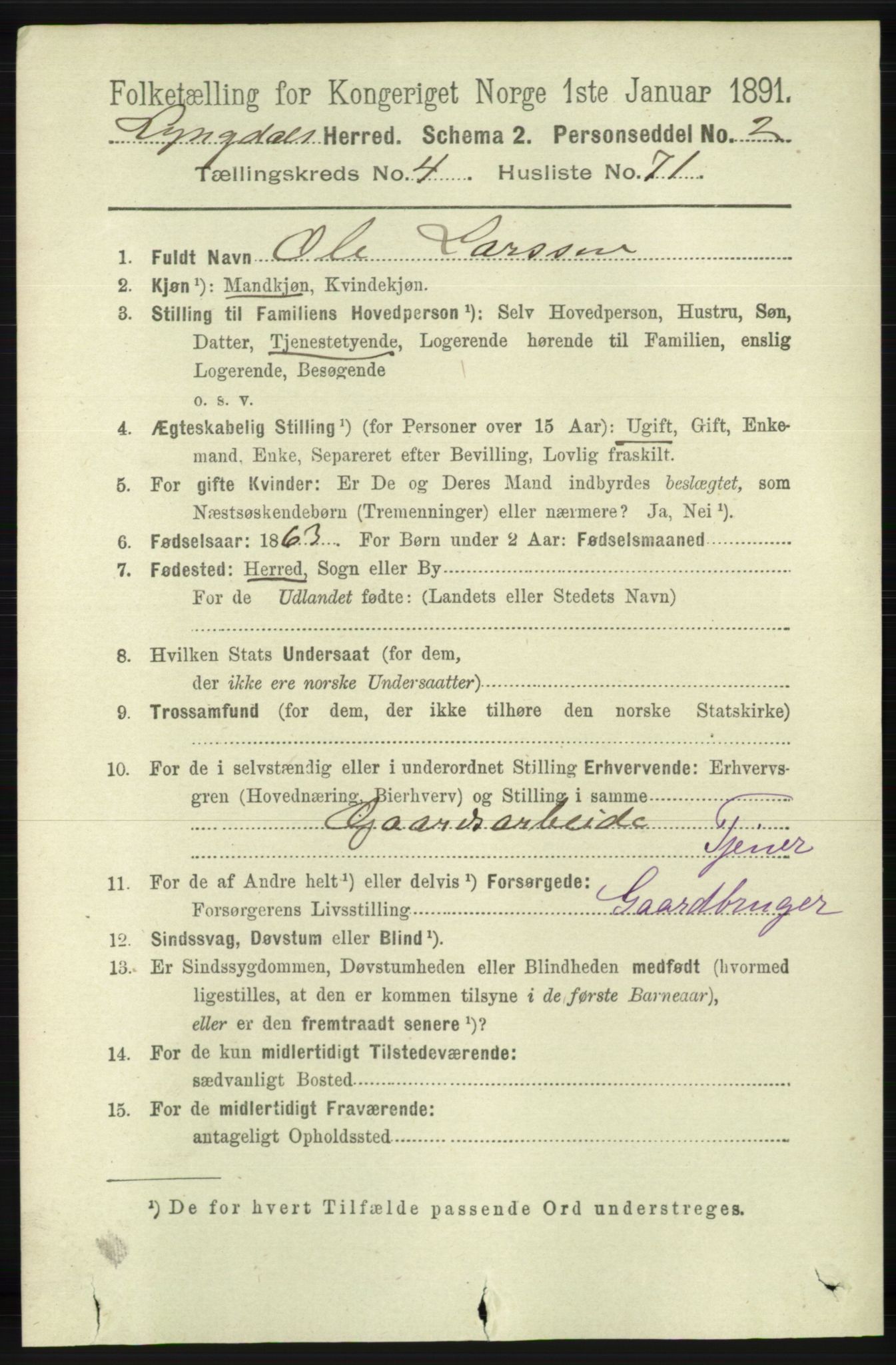 RA, 1891 census for 1032 Lyngdal, 1891, p. 1790