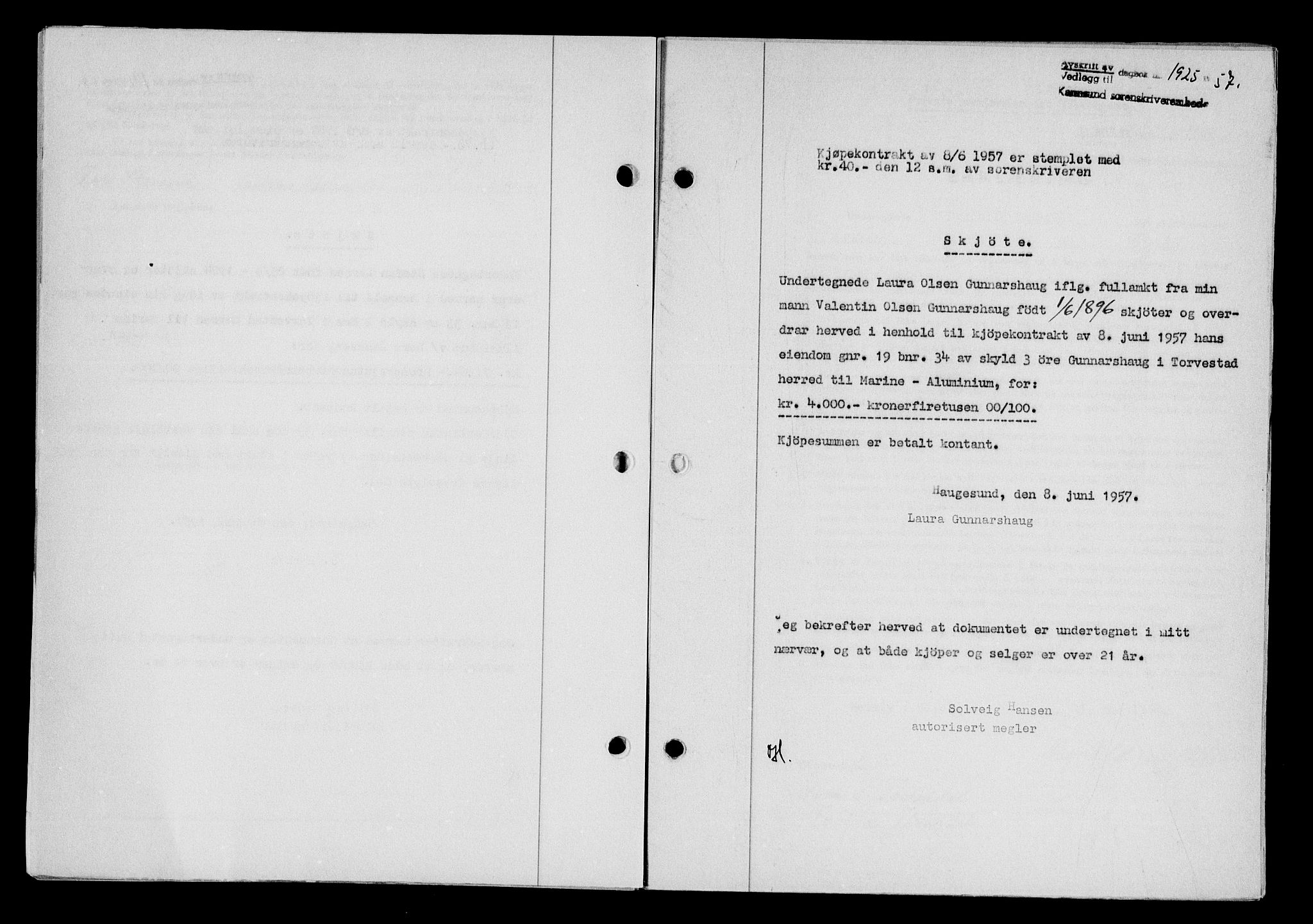 Karmsund sorenskriveri, AV/SAST-A-100311/01/II/IIB/L0125: Mortgage book no. 105A, 1957-1957, Diary no: : 1925/1957