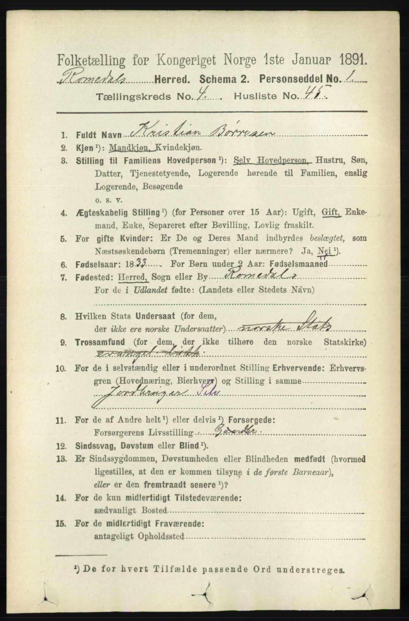 RA, 1891 census for 0416 Romedal, 1891, p. 2206