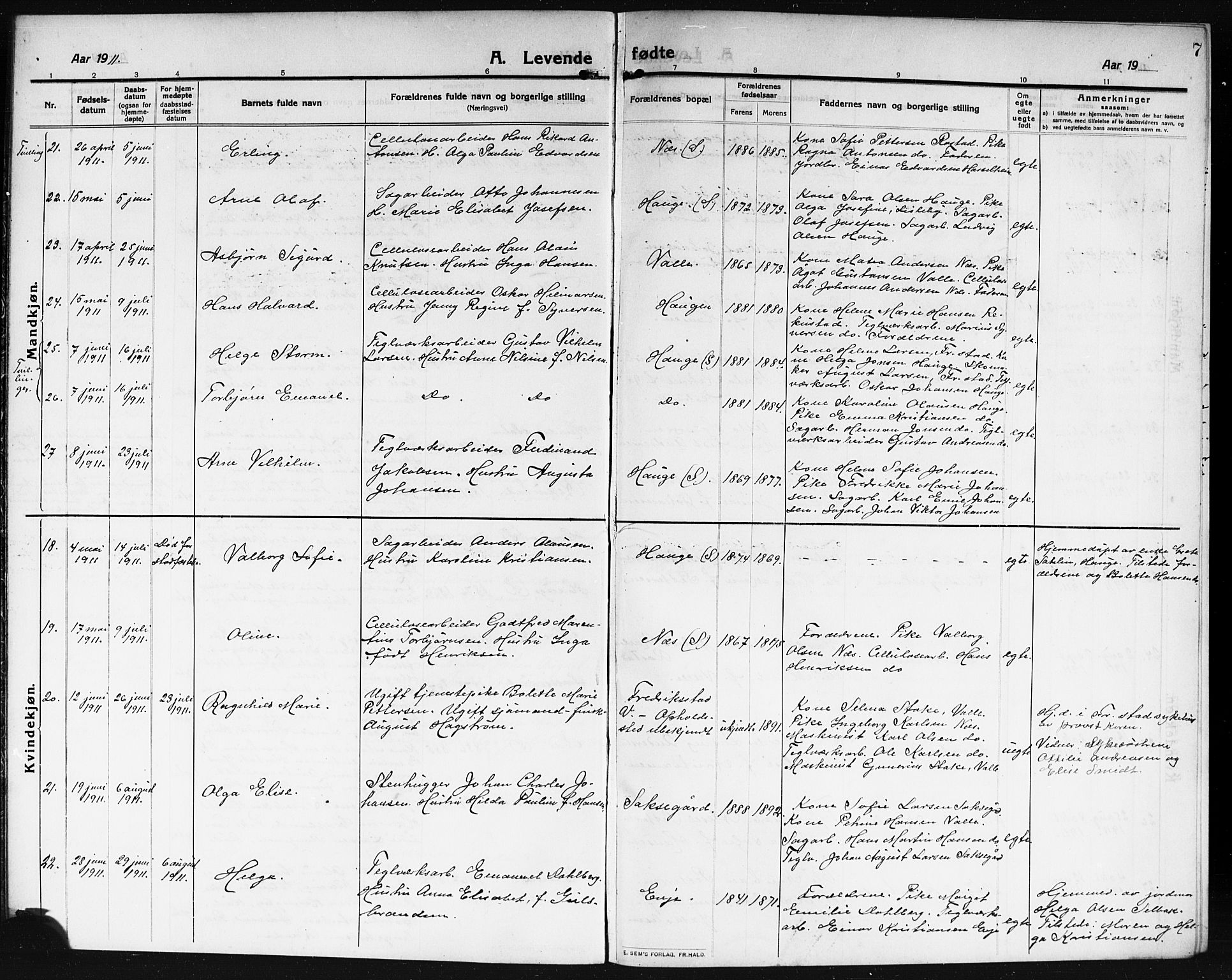 Rolvsøy prestekontor Kirkebøker, AV/SAO-A-2004/G/Ga/L0001: Parish register (copy) no. 1, 1911-1920, p. 7