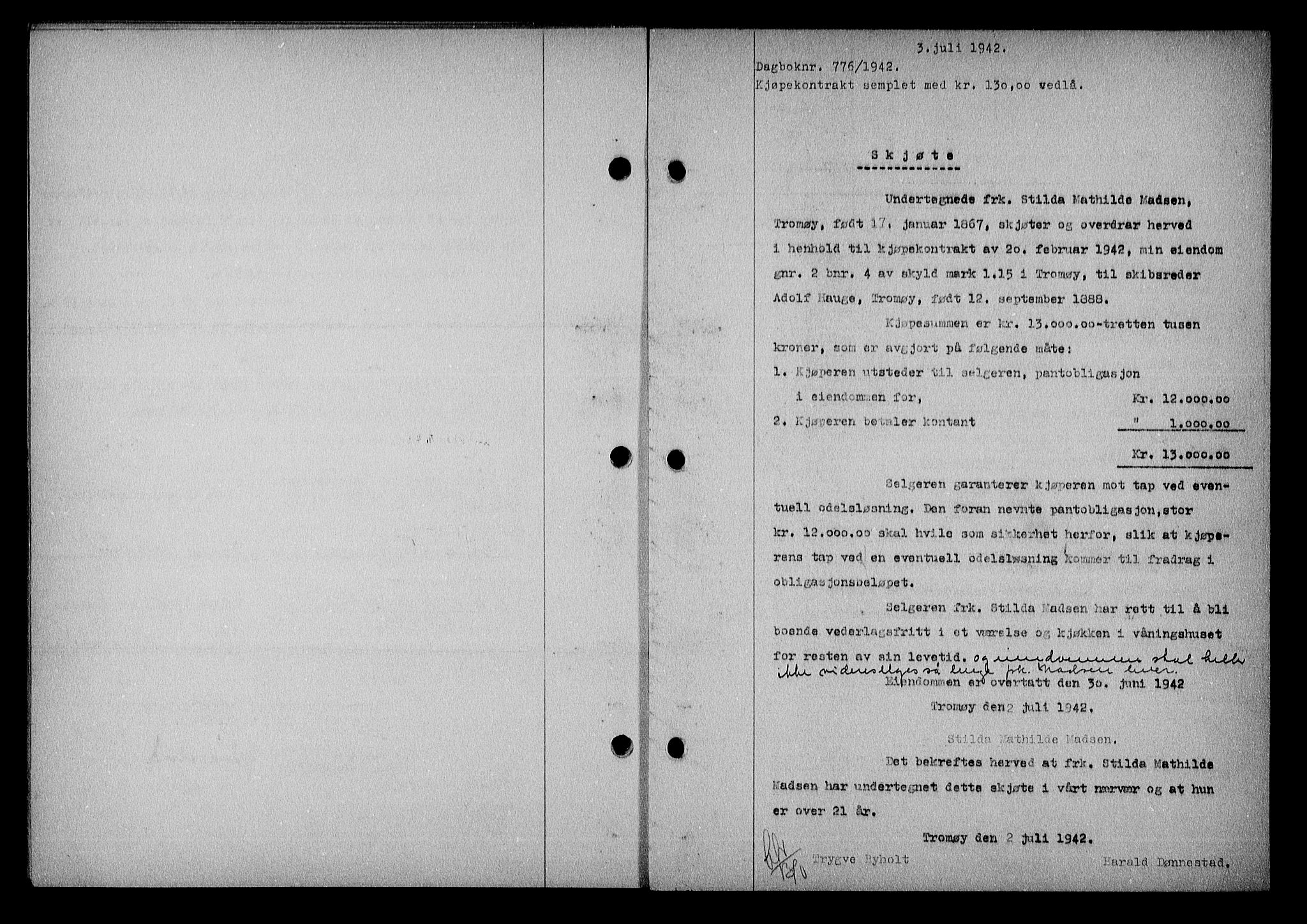 Nedenes sorenskriveri, SAK/1221-0006/G/Gb/Gba/L0049: Mortgage book no. A-III, 1941-1942, Diary no: : 776/1942