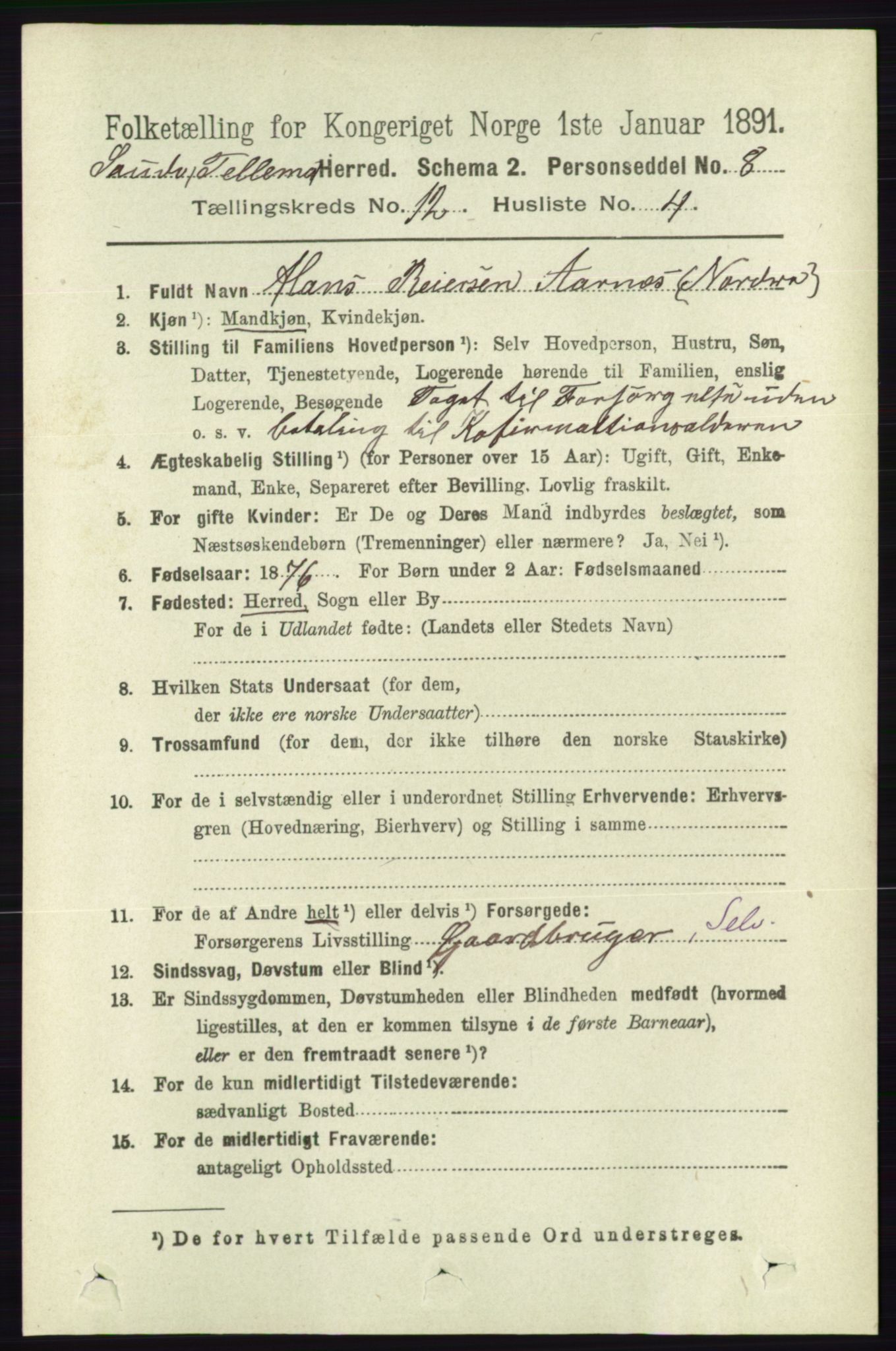 RA, 1891 census for 0822 Sauherad, 1891, p. 3645