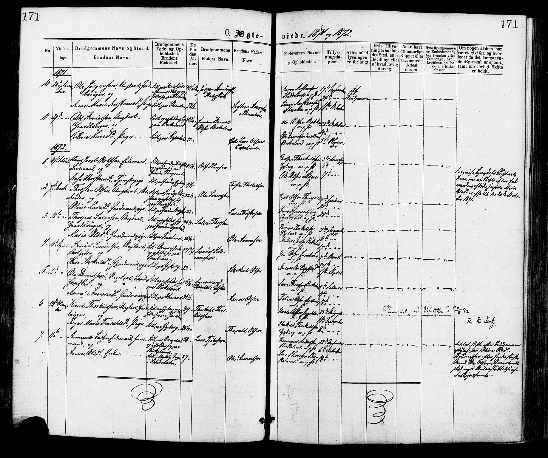 Hægebostad sokneprestkontor, AV/SAK-1111-0024/F/Fa/Faa/L0005: Parish register (official) no. A 5, 1864-1886, p. 171