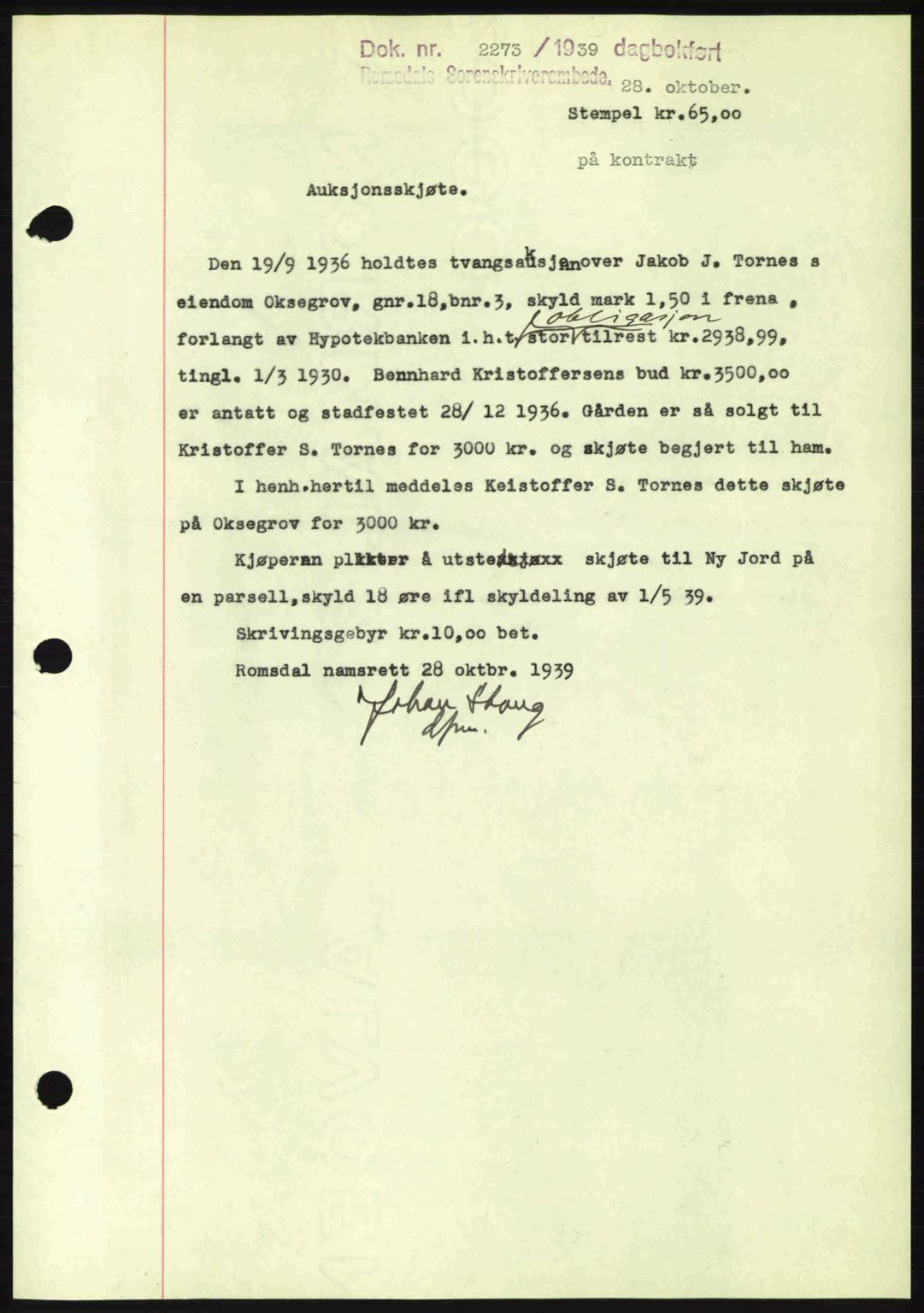 Romsdal sorenskriveri, AV/SAT-A-4149/1/2/2C: Mortgage book no. A7, 1939-1939, Diary no: : 2273/1939