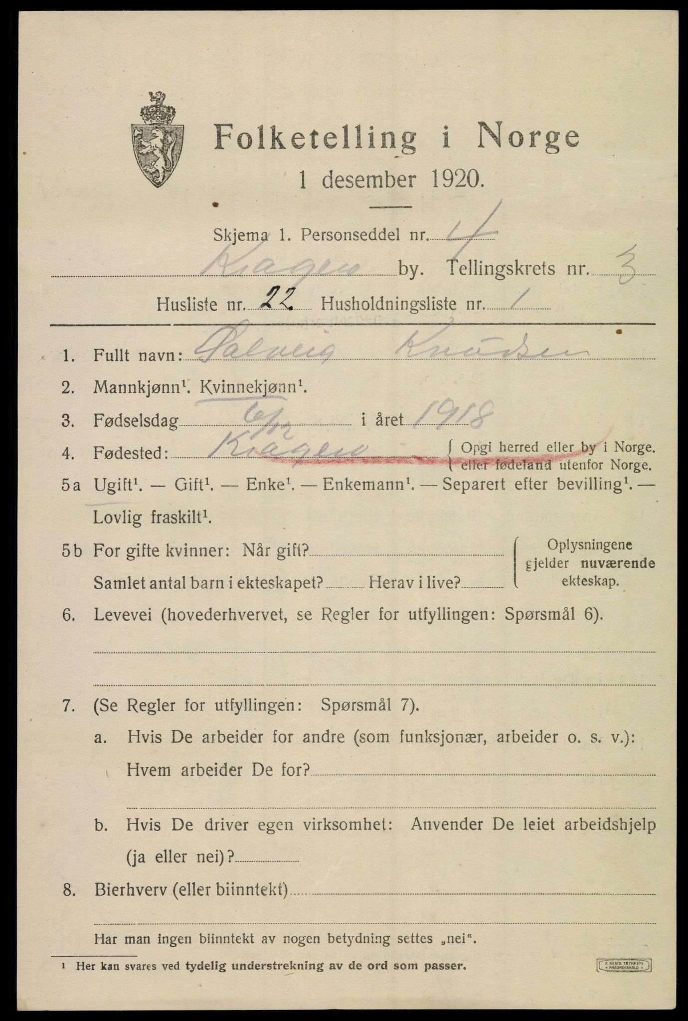 SAKO, 1920 census for Kragerø, 1920, p. 7307