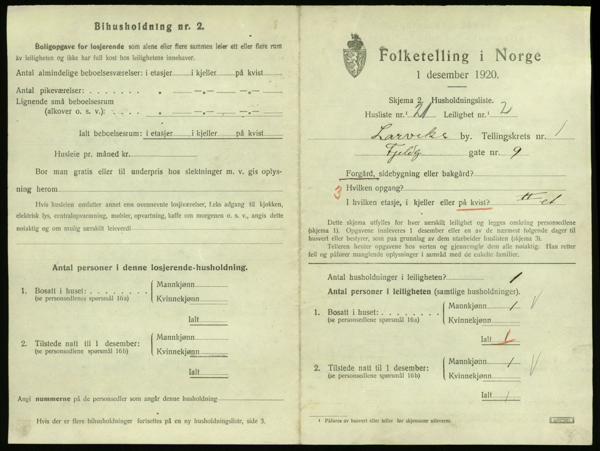 SAKO, 1920 census for Larvik, 1920, p. 3096