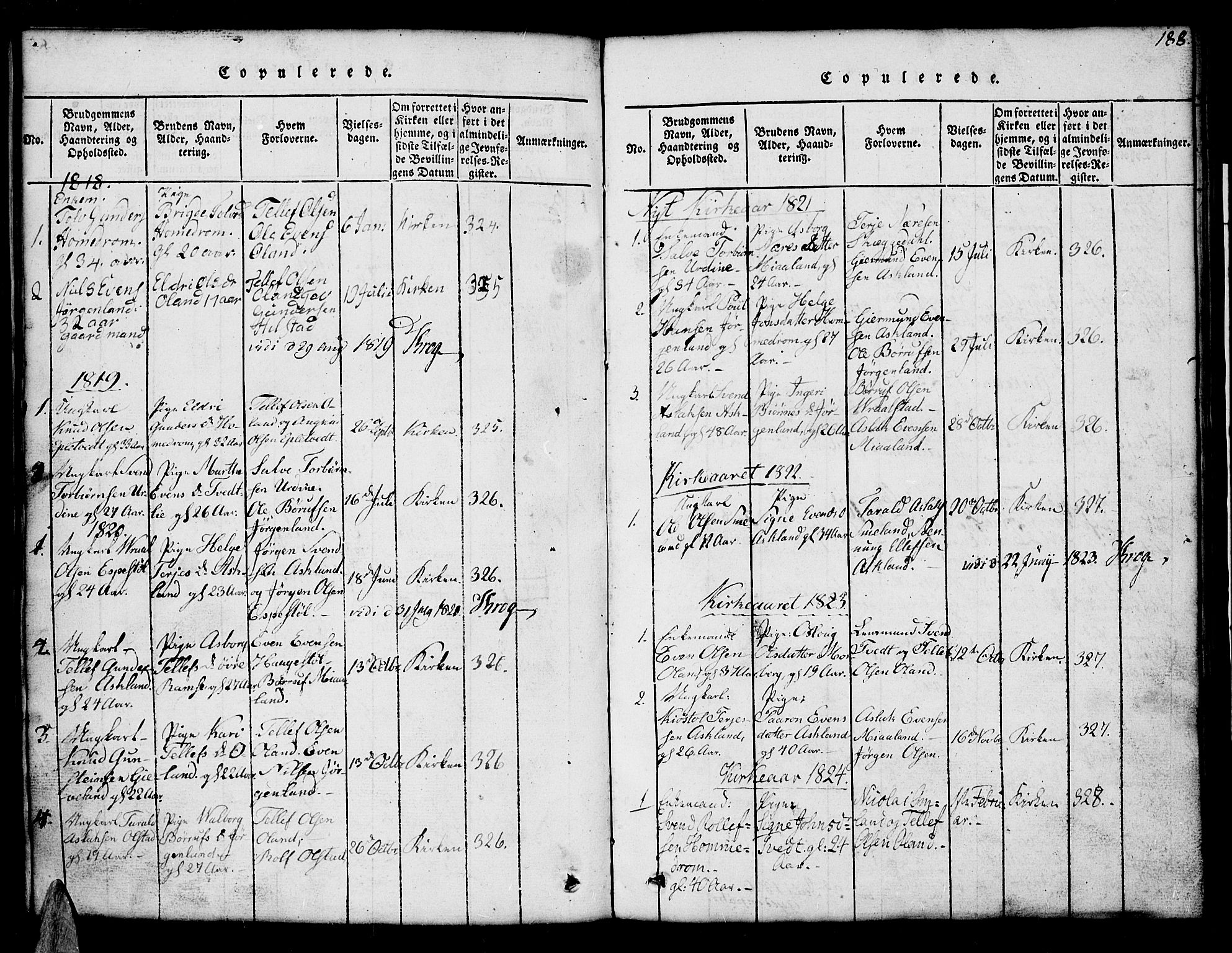 Åmli sokneprestkontor, SAK/1111-0050/F/Fb/Fba/L0001: Parish register (copy) no. B 1, 1816-1890, p. 188