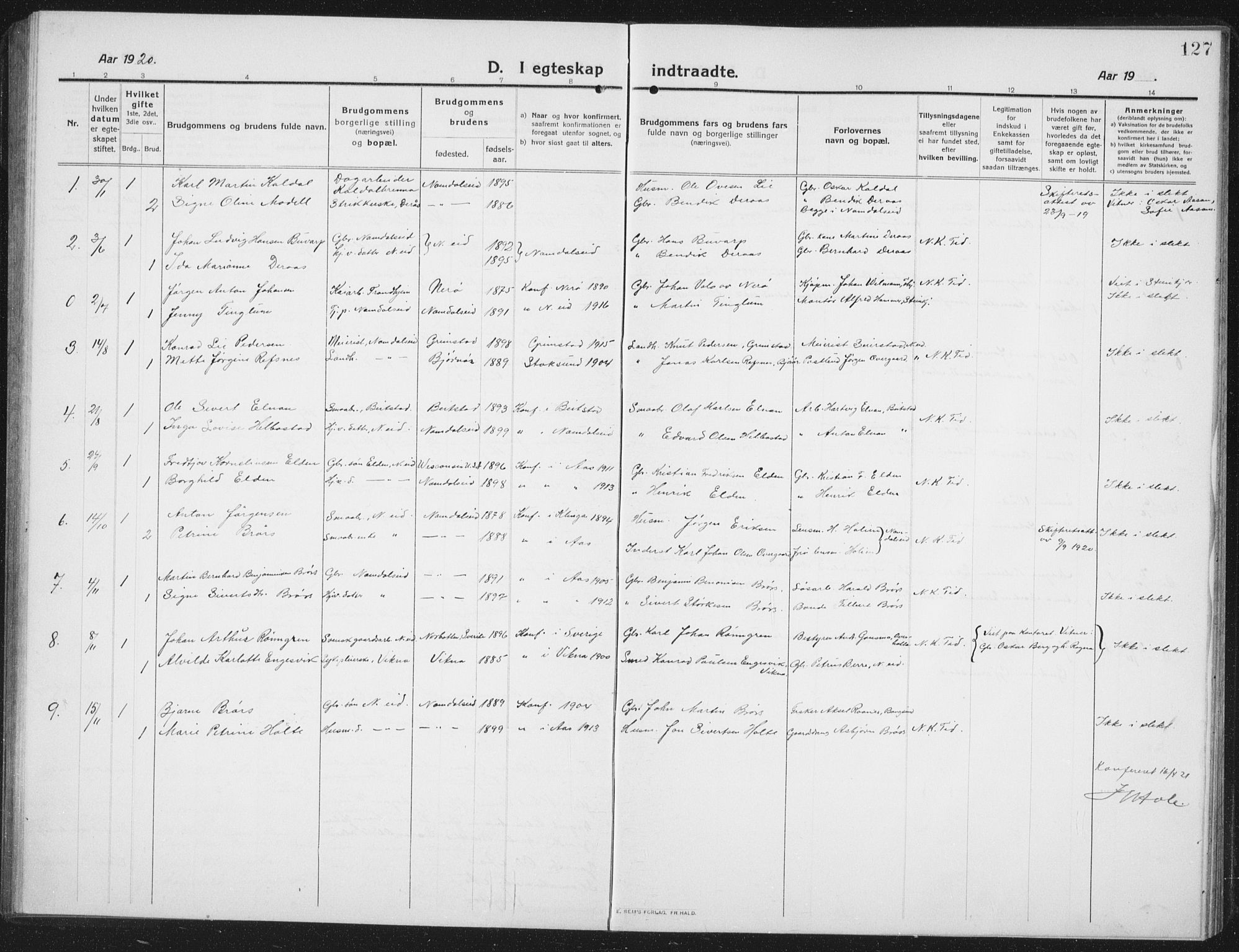 Ministerialprotokoller, klokkerbøker og fødselsregistre - Nord-Trøndelag, AV/SAT-A-1458/742/L0413: Parish register (copy) no. 742C04, 1911-1938, p. 127