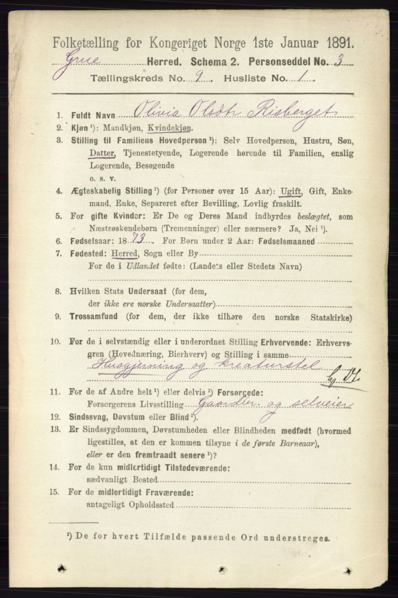 RA, 1891 census for 0423 Grue, 1891, p. 4883