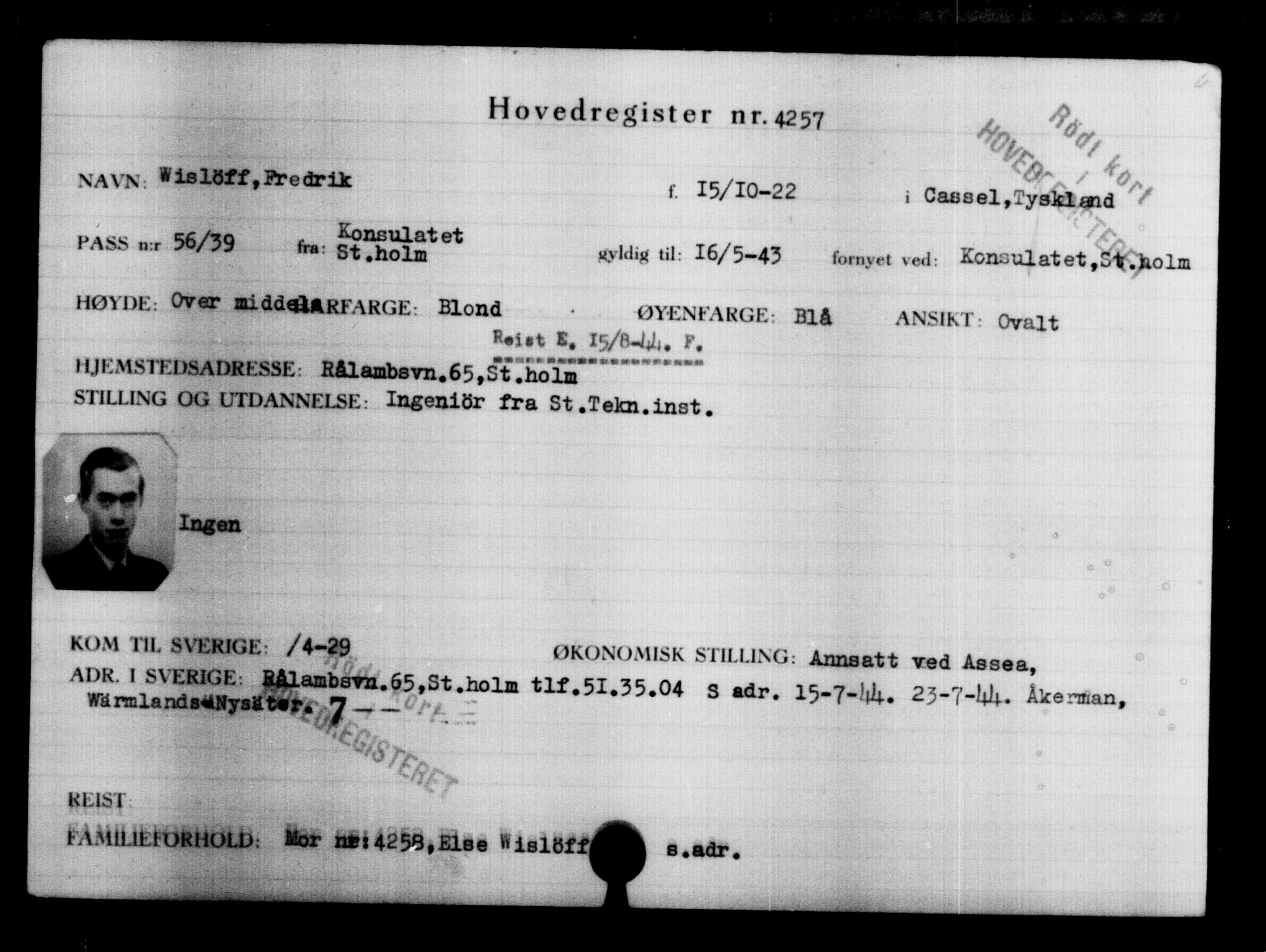 Utenriksstasjonene, Legasjonen i Stockholm, Flyktningkontoret, AV/RA-S-6753/V/Va/L0004: Kjesäterkartoteket, flyktninger med registreringsnr. 3496-6610, 1940-1945, p. 922