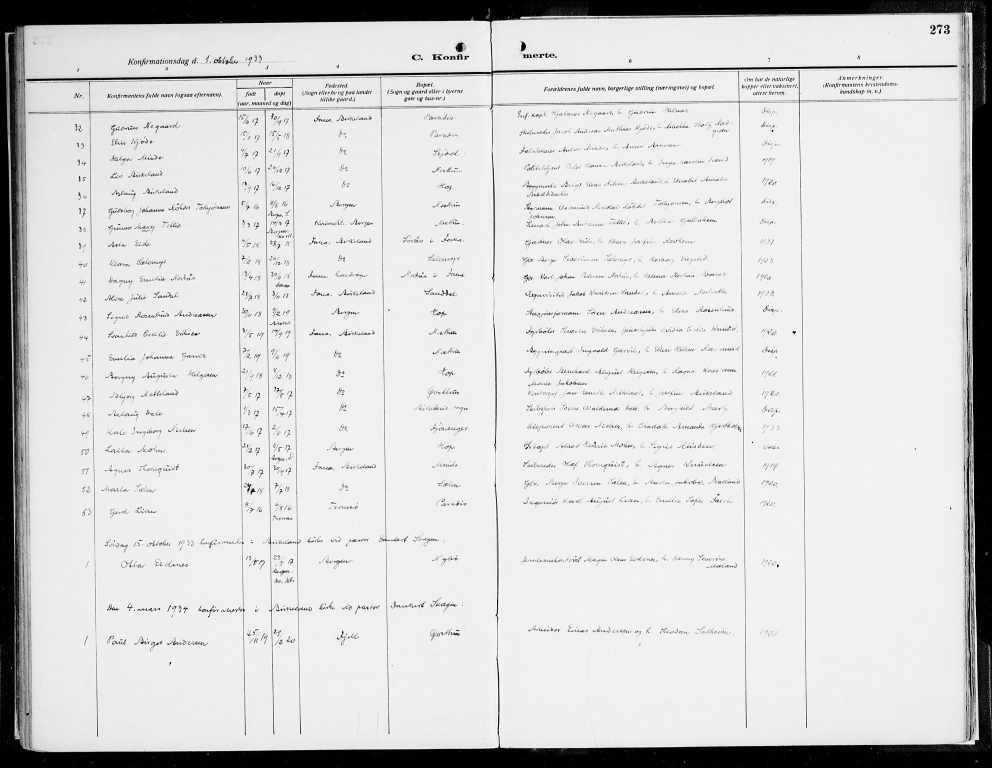 Fana Sokneprestembete, AV/SAB-A-75101/H/Haa/Haaj/L0001: Parish register (official) no. J 1, 1921-1935, p. 273