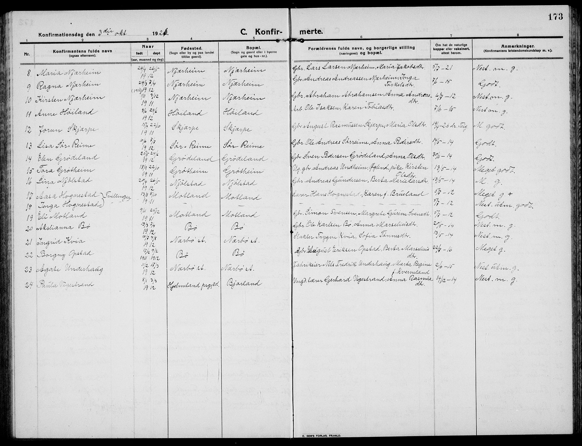 Hå sokneprestkontor, AV/SAST-A-101801/001/30BB/L0007: Parish register (copy) no. B 7, 1912-1939, p. 173