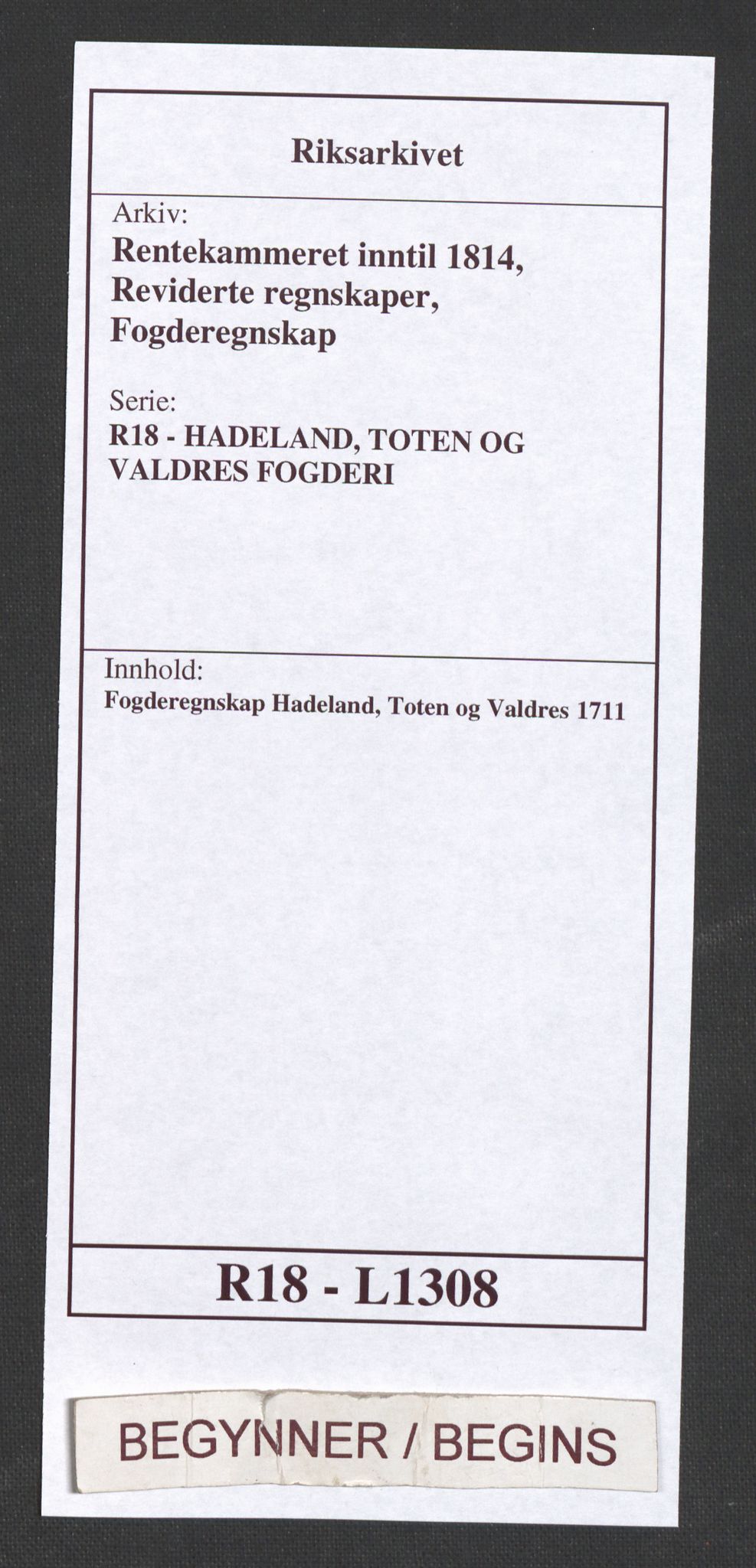 Rentekammeret inntil 1814, Reviderte regnskaper, Fogderegnskap, AV/RA-EA-4092/R18/L1308: Fogderegnskap Hadeland, Toten og Valdres, 1711, p. 1