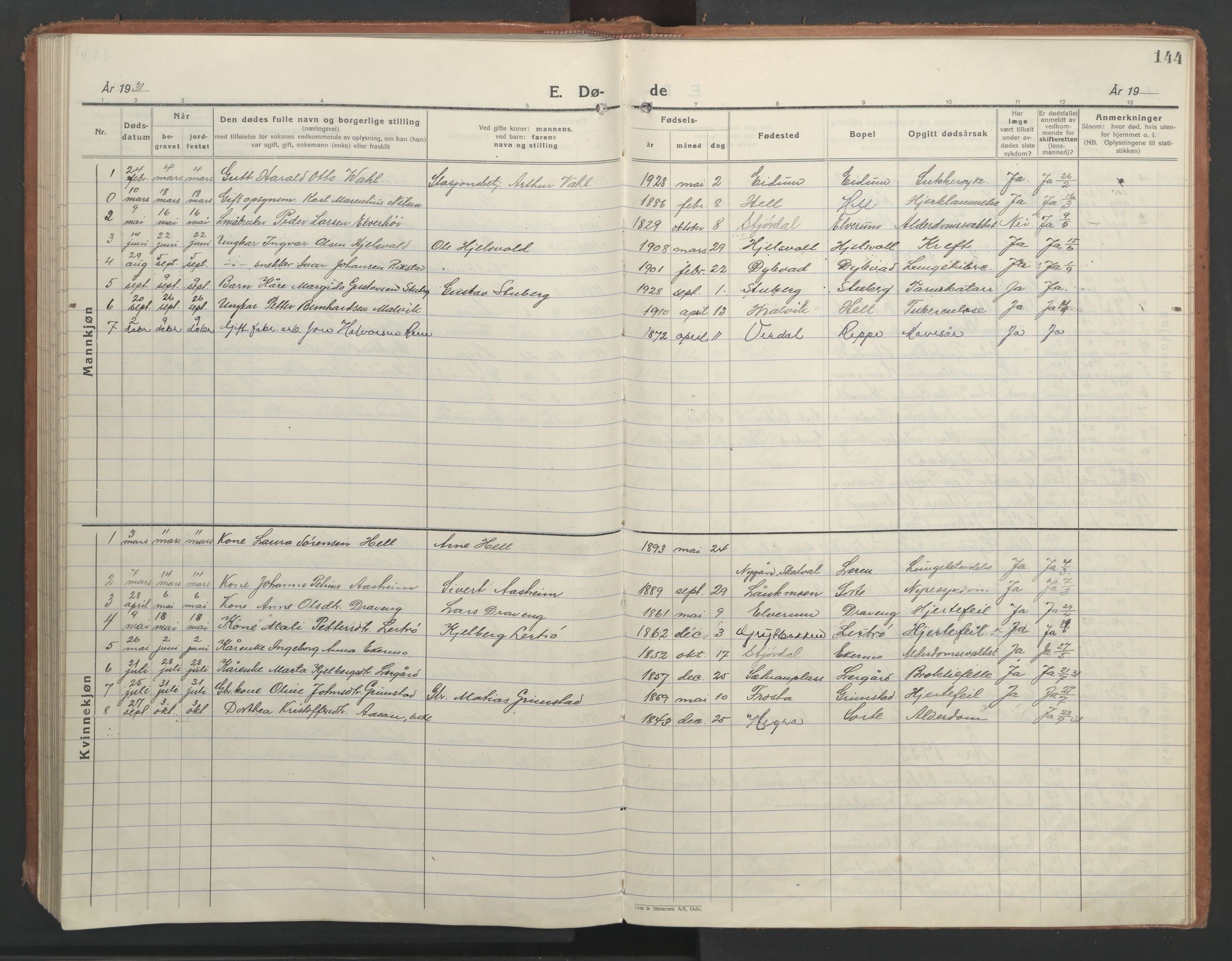 Ministerialprotokoller, klokkerbøker og fødselsregistre - Nord-Trøndelag, SAT/A-1458/710/L0097: Parish register (copy) no. 710C02, 1925-1955, p. 144