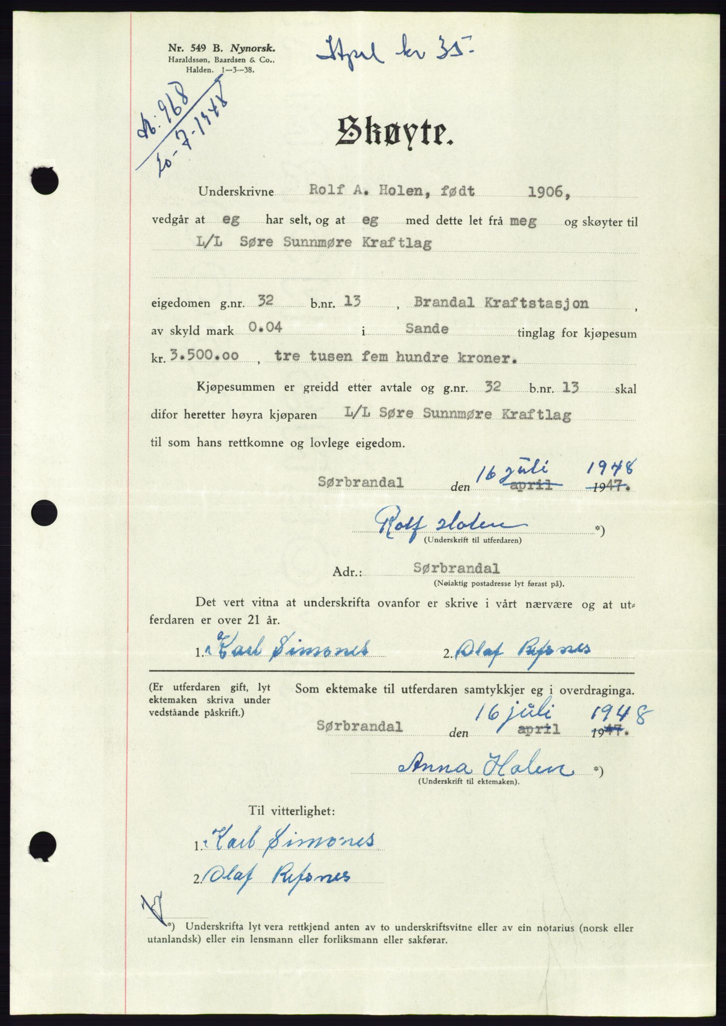 Søre Sunnmøre sorenskriveri, AV/SAT-A-4122/1/2/2C/L0082: Mortgage book no. 8A, 1948-1948, Diary no: : 968/1948