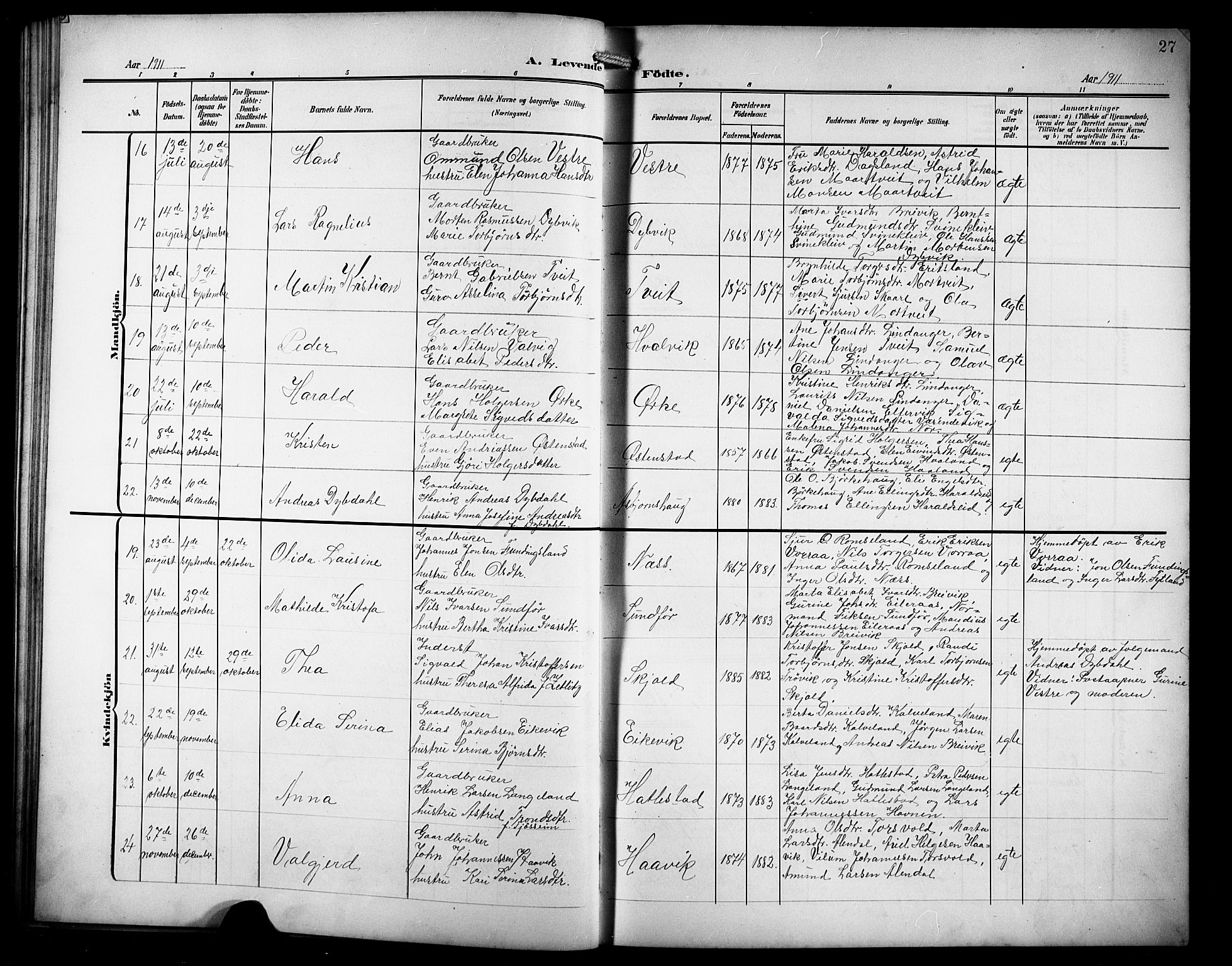 Skjold sokneprestkontor, AV/SAST-A-101847/H/Ha/Hab/L0008: Parish register (copy) no. B 8, 1906-1920, p. 27