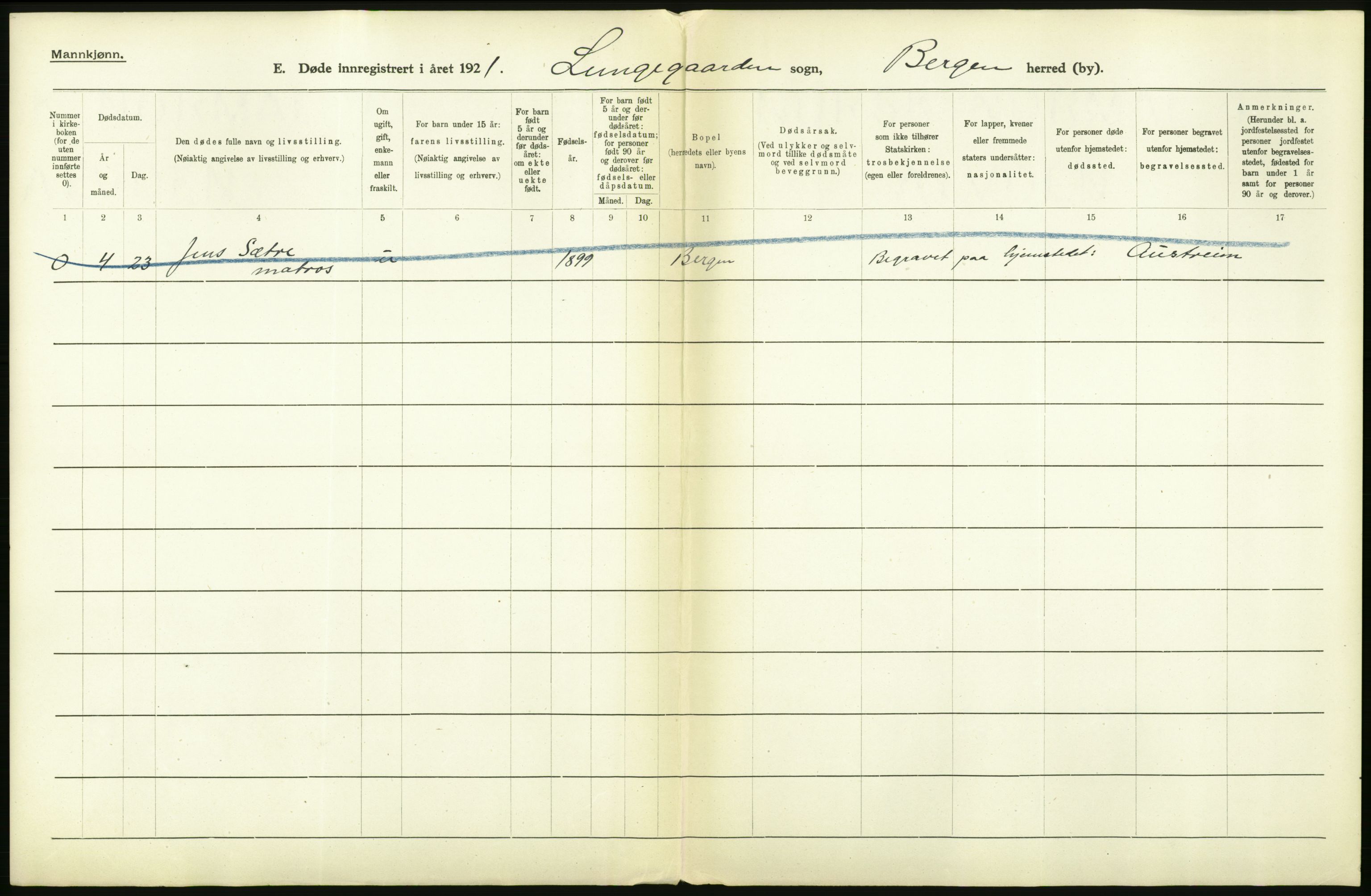 Statistisk sentralbyrå, Sosiodemografiske emner, Befolkning, AV/RA-S-2228/D/Df/Dfc/Dfca/L0036: Bergen: Døde., 1921, p. 144