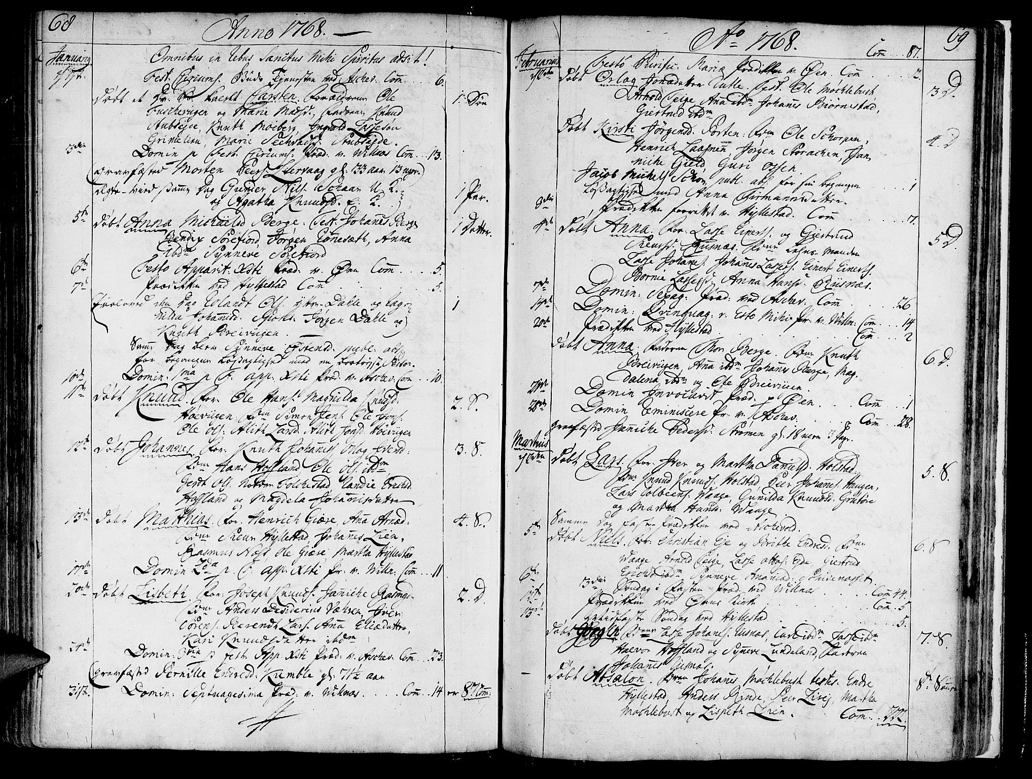 Askvoll sokneprestembete, SAB/A-79501/H/Haa/Haaa/L0008: Parish register (official) no. A 8, 1749-1775, p. 68-69