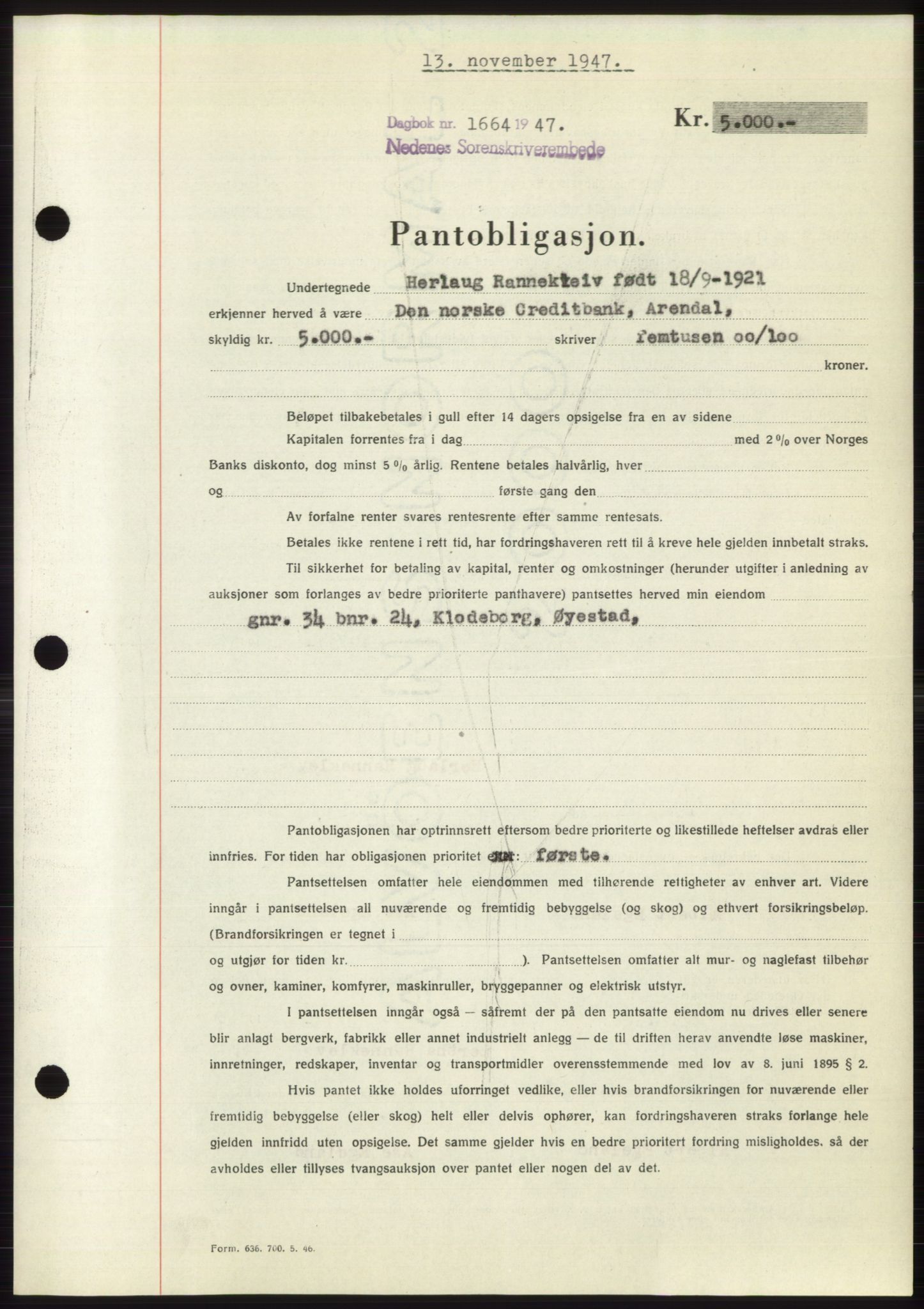 Nedenes sorenskriveri, AV/SAK-1221-0006/G/Gb/Gbb/L0004: Mortgage book no. B4, 1947-1947, Diary no: : 1664/1947