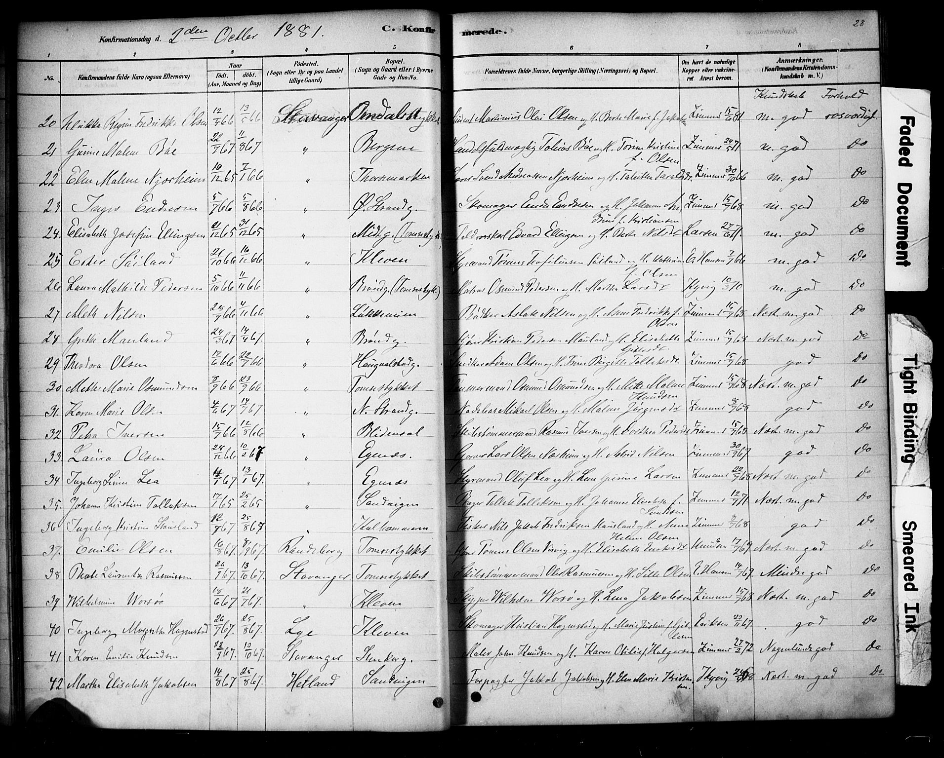 Domkirken sokneprestkontor, AV/SAST-A-101812/001/30/30BA/L0028: Parish register (official) no. A 27, 1878-1896, p. 28