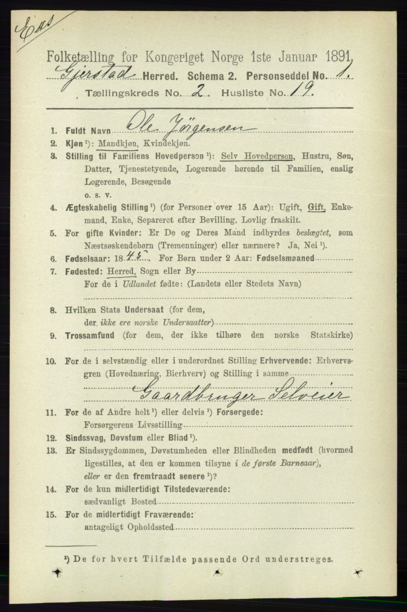 RA, Census 1891 for Nedenes amt: Gjenparter av personsedler for beslektede ektefeller, menn, 1891, p. 43