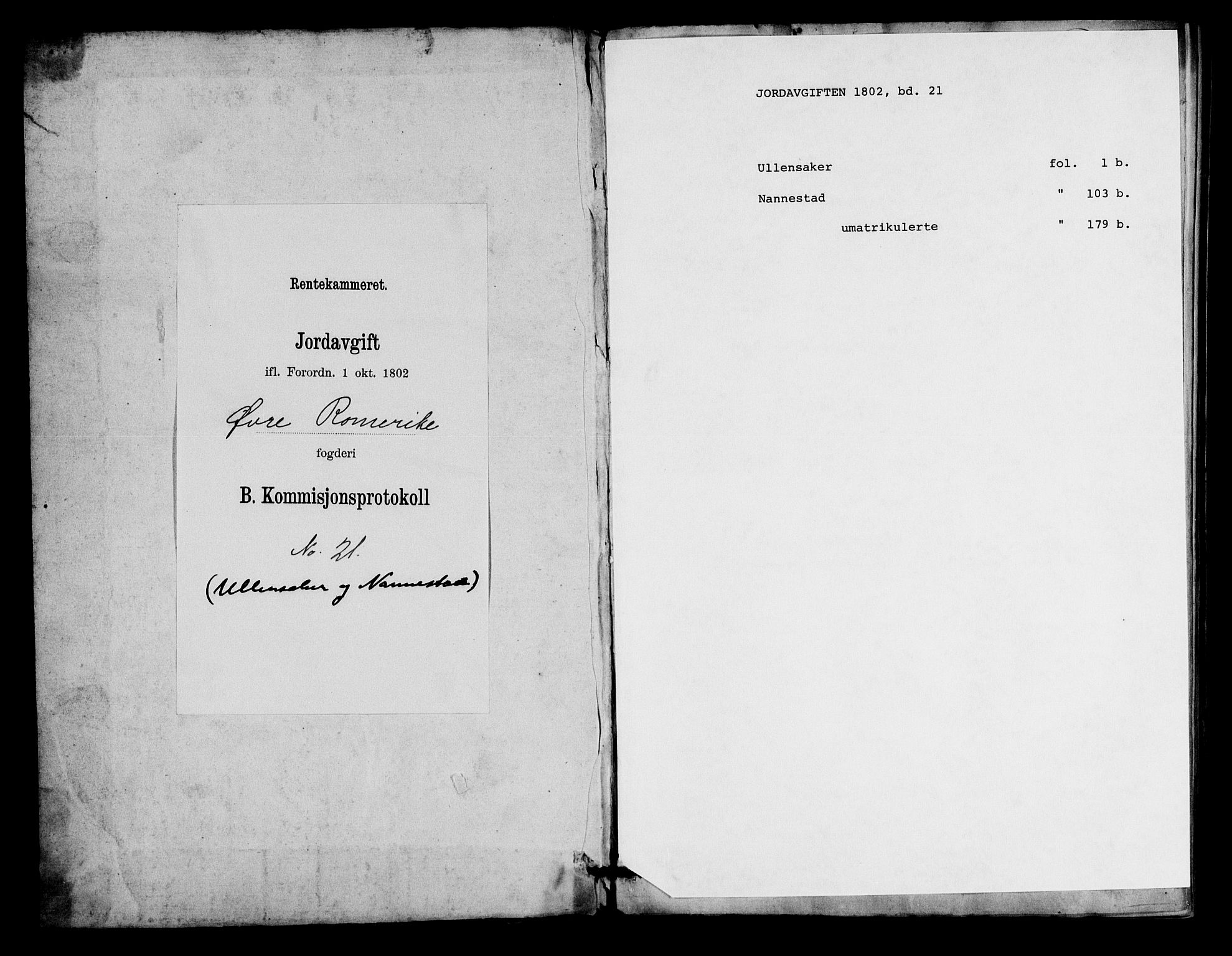 Rentekammeret inntil 1814, Realistisk ordnet avdeling, AV/RA-EA-4070/N/Ne/Nea/L0021: Øvre Romerike fogderi. Kommisjonsprotokoll for Ullensaker og Nannestad prestegjeld, 1803, p. 1