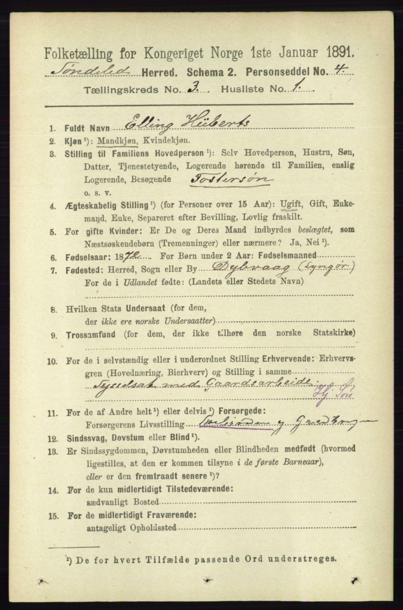 RA, 1891 census for 0913 Søndeled, 1891, p. 604