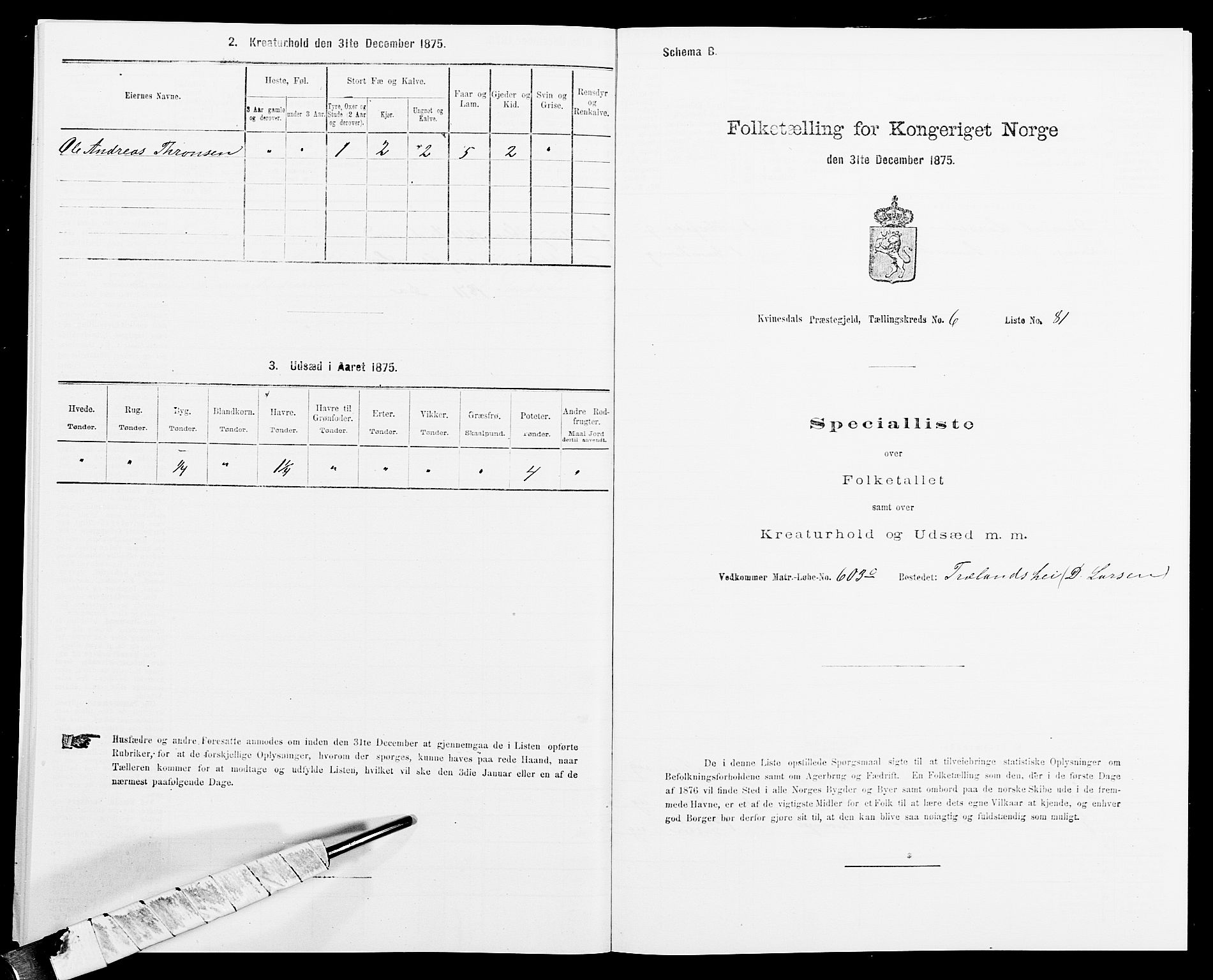 SAK, 1875 census for 1037P Kvinesdal, 1875, p. 1076