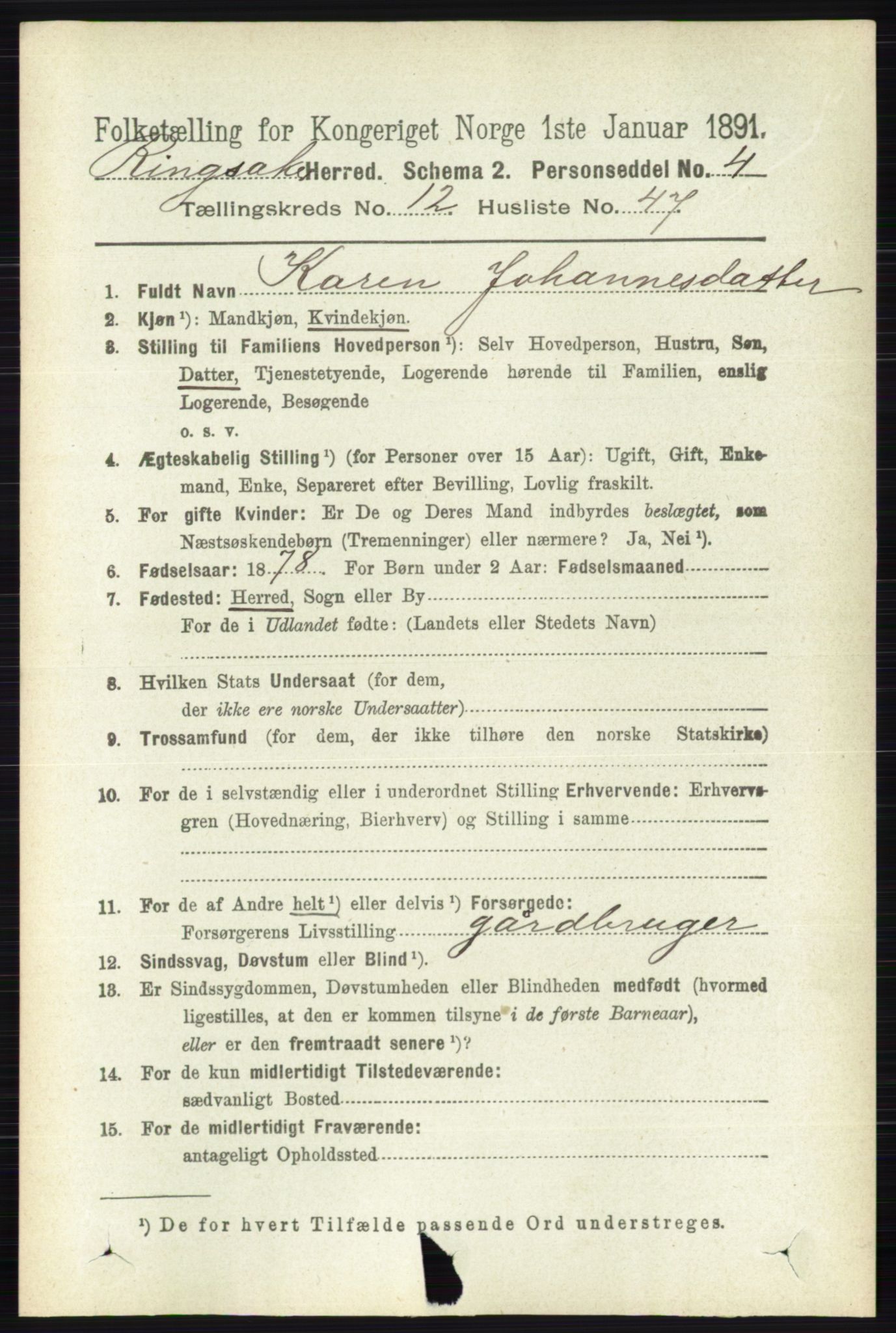 RA, 1891 census for 0412 Ringsaker, 1891, p. 7019