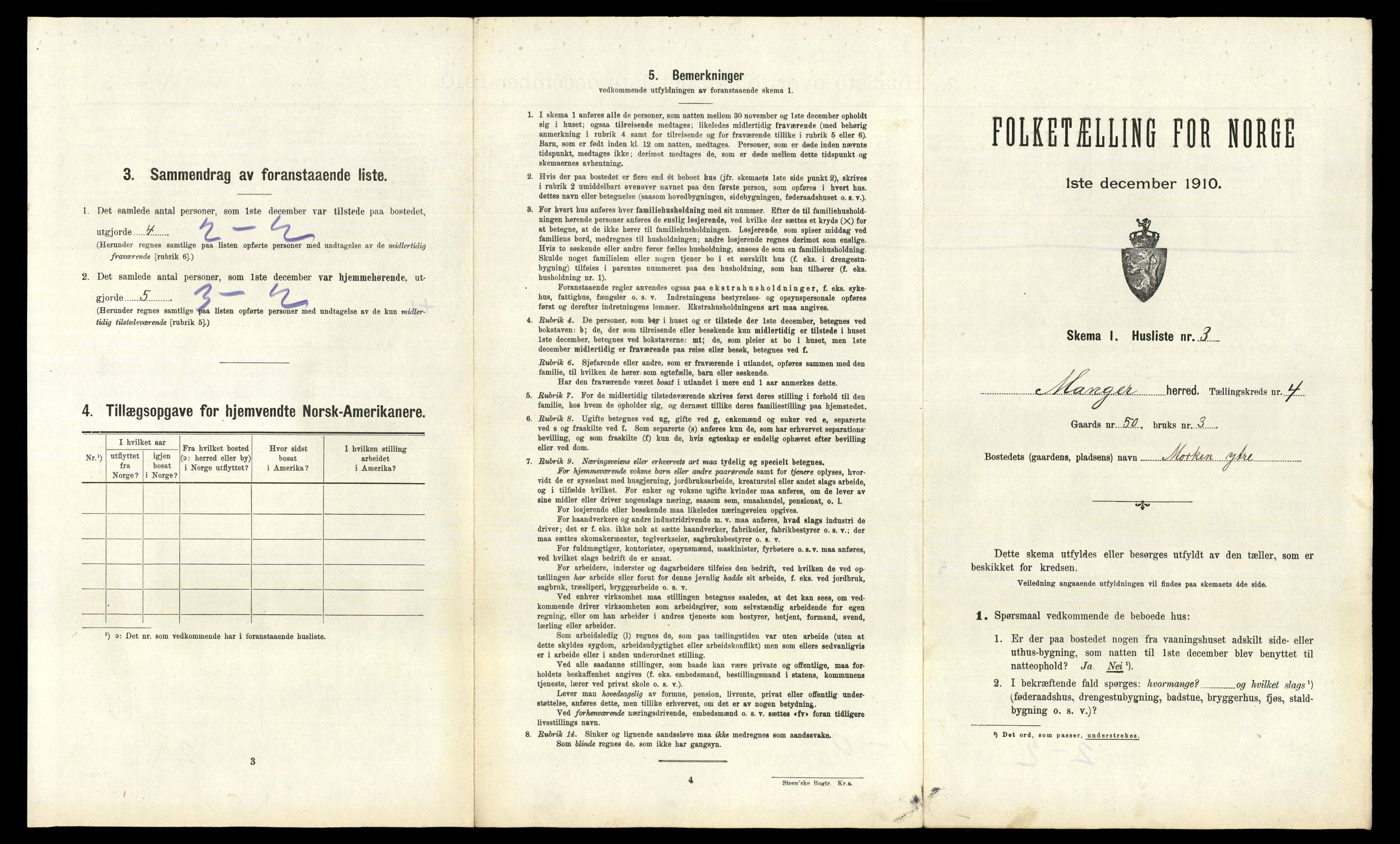 RA, 1910 census for Manger, 1910, p. 425