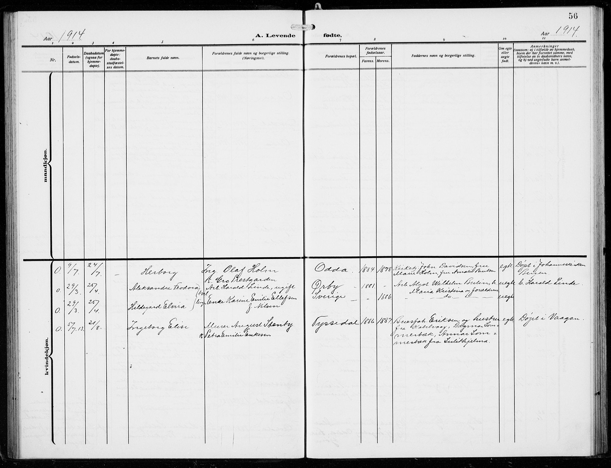 Odda Sokneprestembete, AV/SAB-A-77201/H/Hab: Parish register (copy) no. B  2, 1910-1923, p. 56