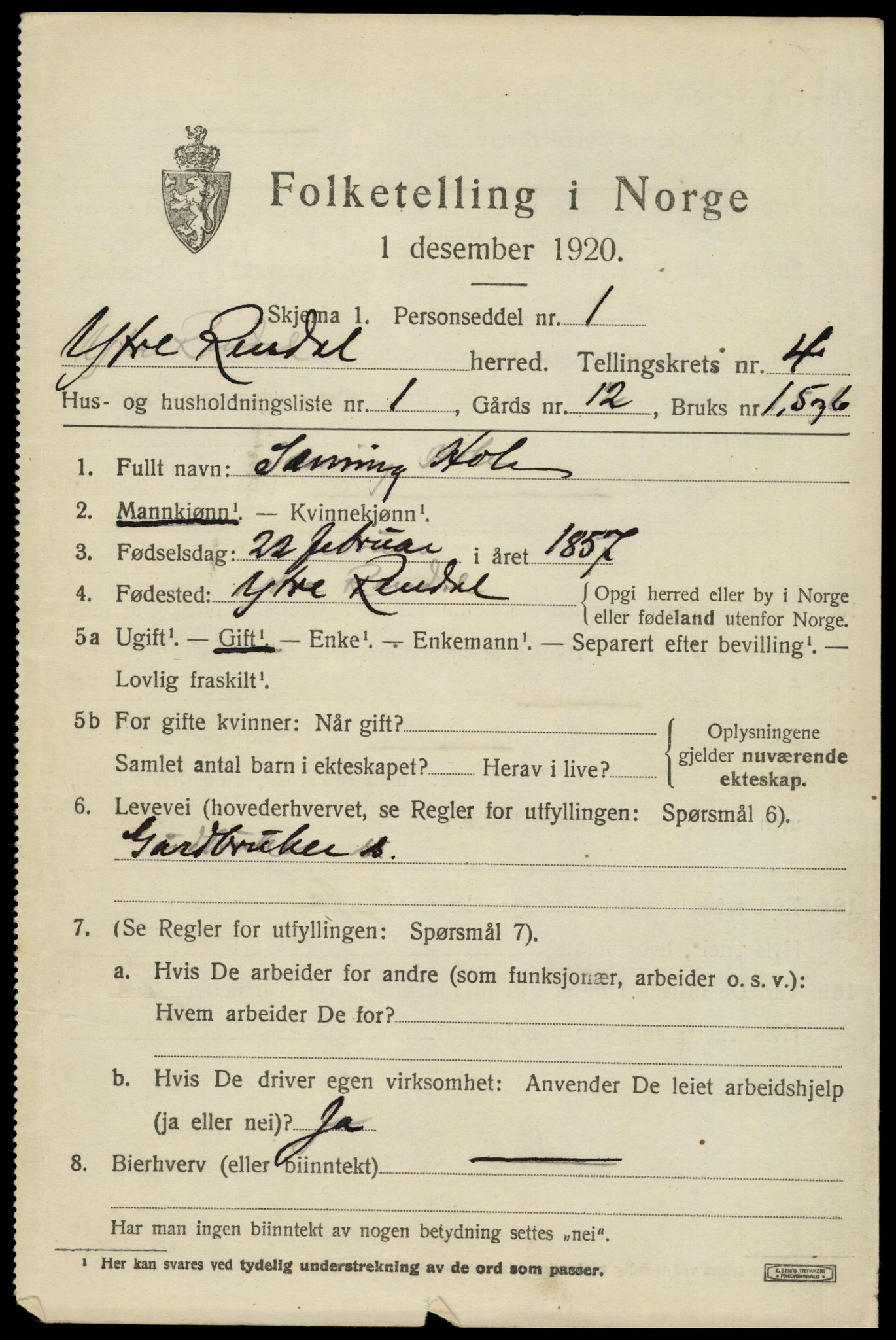 SAH, 1920 census for Ytre Rendal, 1920, p. 2049
