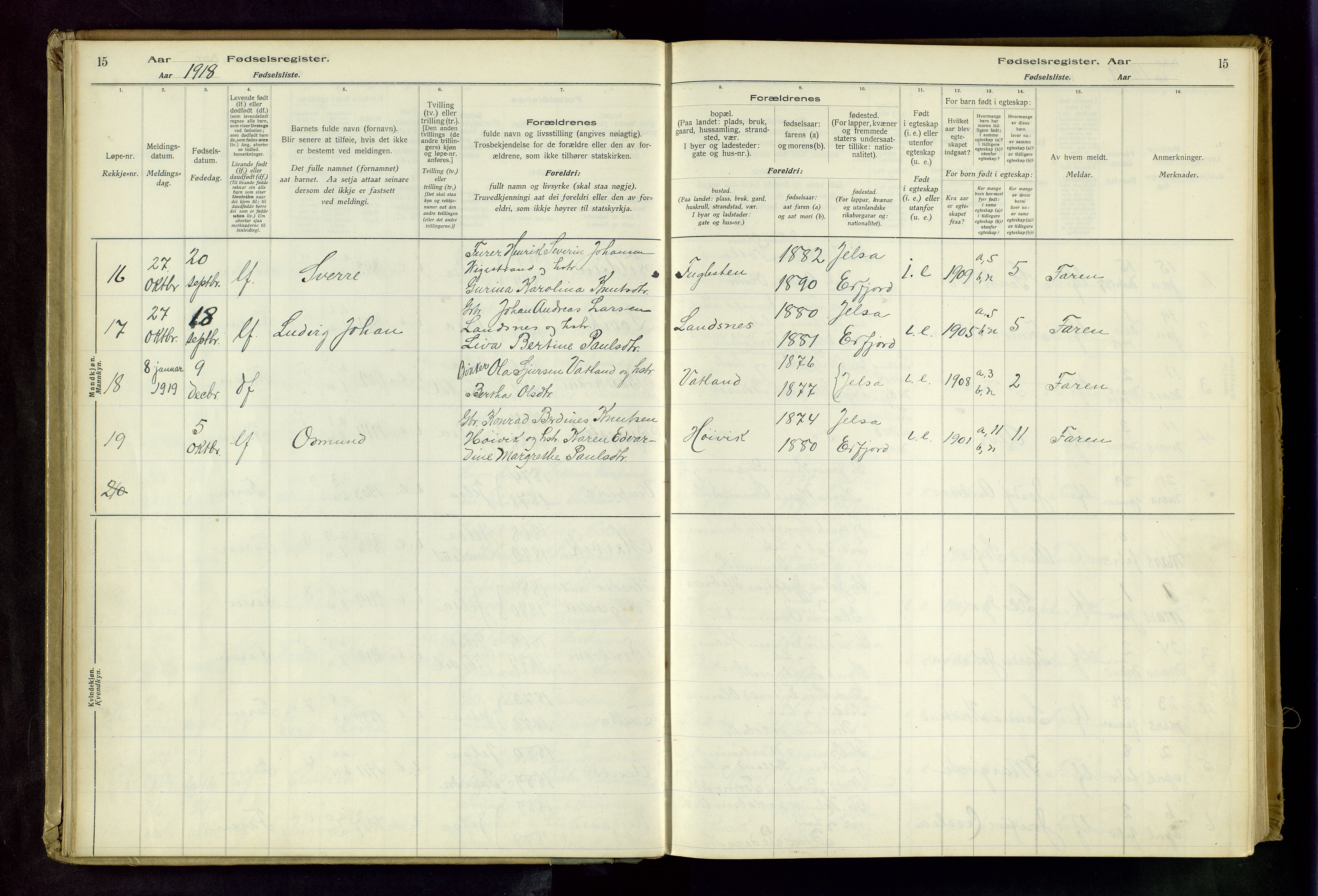 Jelsa sokneprestkontor, AV/SAST-A-101842/02/I: Birth register no. 13, 1916-1982, p. 15