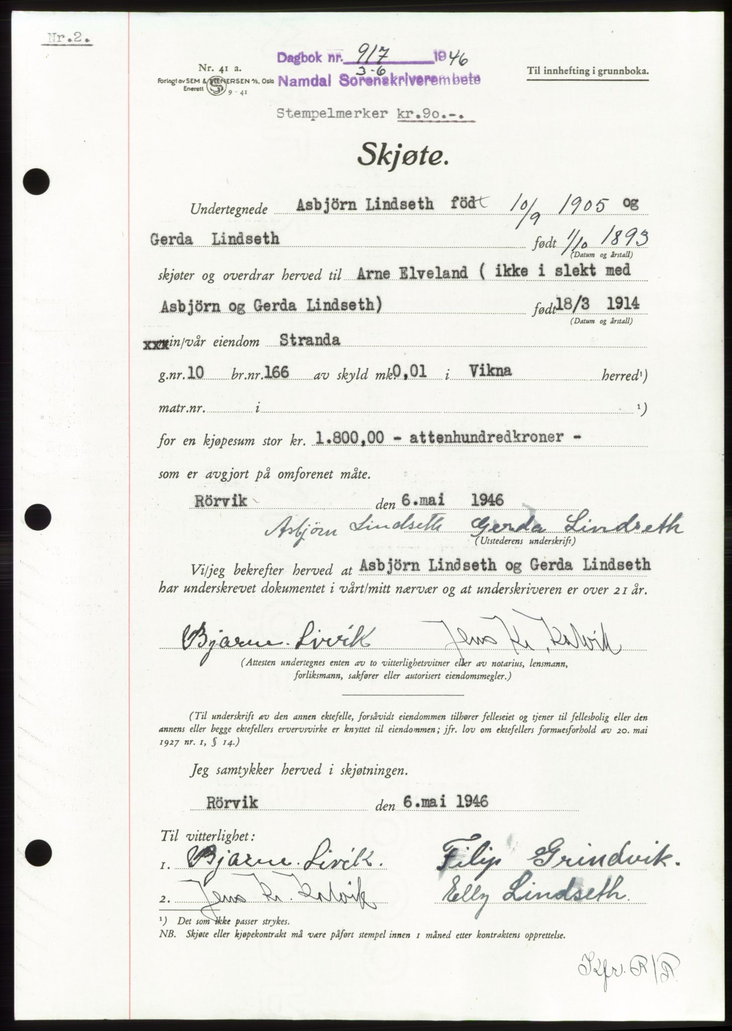 Namdal sorenskriveri, AV/SAT-A-4133/1/2/2C: Mortgage book no. -, 1946-1946, Diary no: : 917/1946