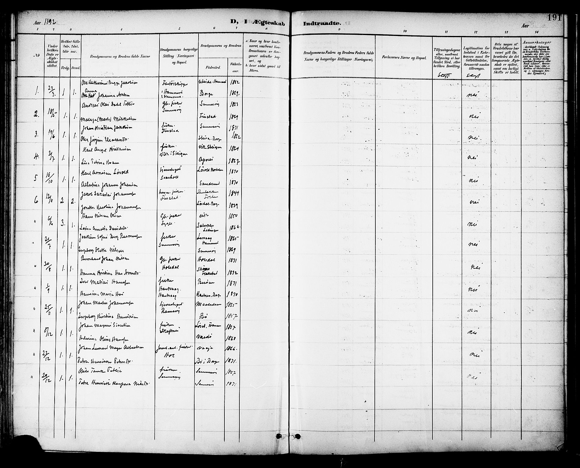 Ministerialprotokoller, klokkerbøker og fødselsregistre - Nordland, AV/SAT-A-1459/882/L1179: Parish register (official) no. 882A01, 1886-1898, p. 191